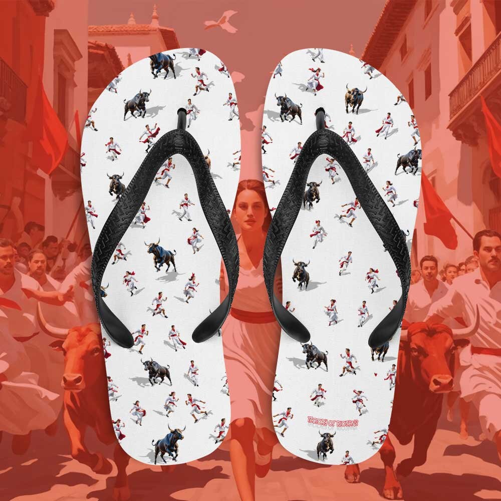 Original San Fermn Pamplona flip flops with runners with bulls. Original flip flops with exclusive designs