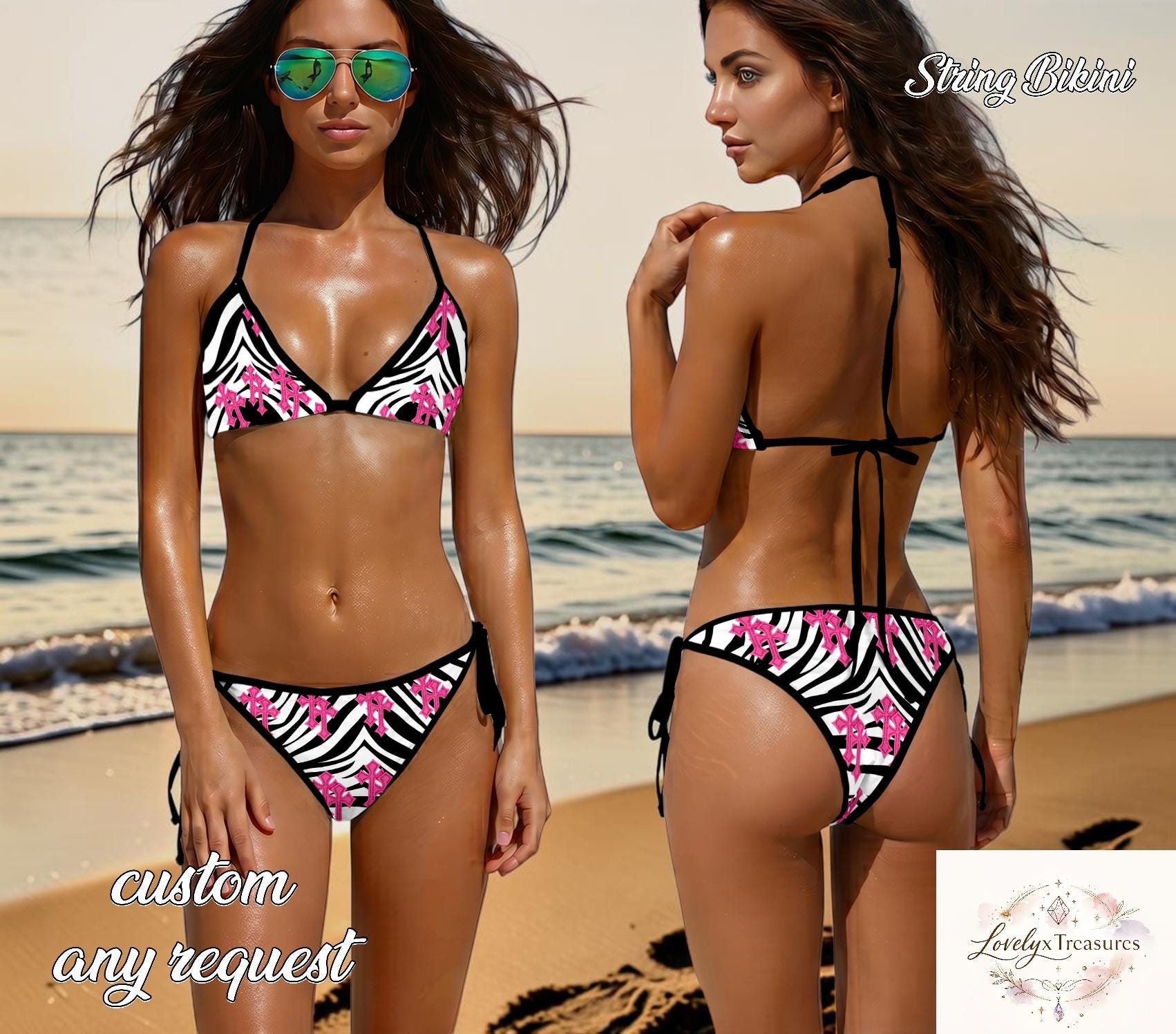 Zebra Cross Bikini Set, Black White Stripe Pink Cross Bikini, Y2K Aesthetic String Swimsuit Women