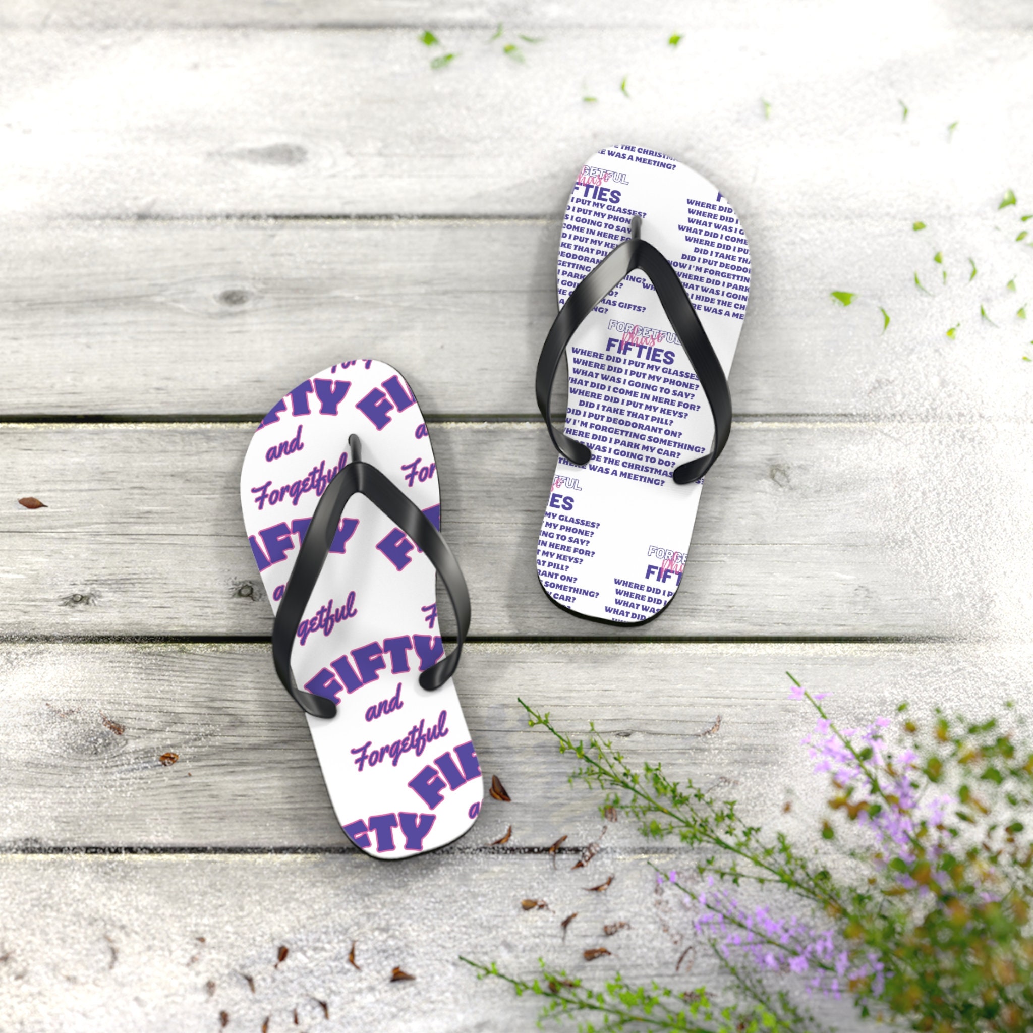 Flip Flops for 50s birthday, sun shield flip flops, forgetful 50 questions,fifty and forgetful flip flops for her,sister,blue and pink