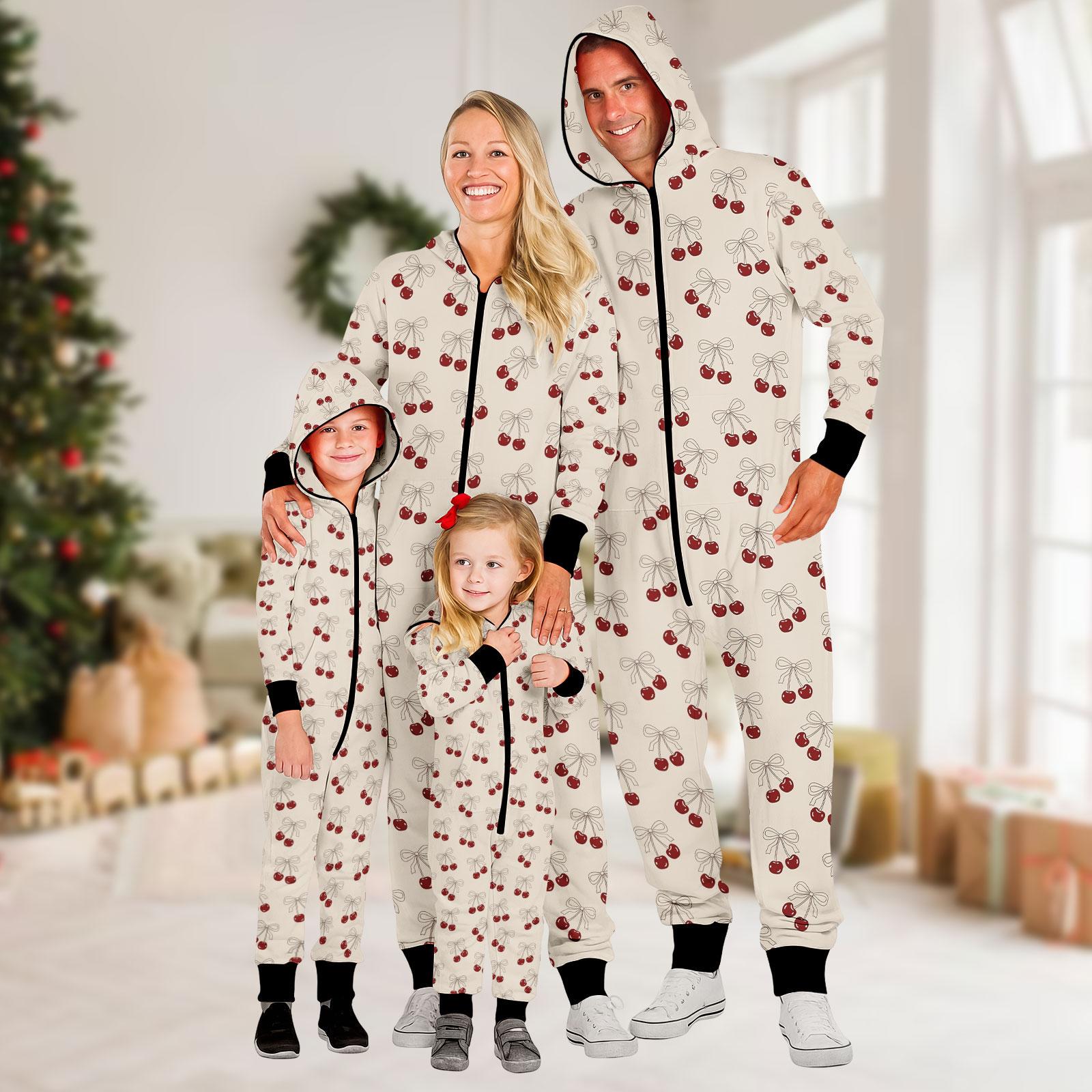 Cherry Family Jumpsuit, Holiday Onesie Pajamas, Xmas Fleece Jumpsuit, Cherry One-piece Pajamas, Pajamas For Family