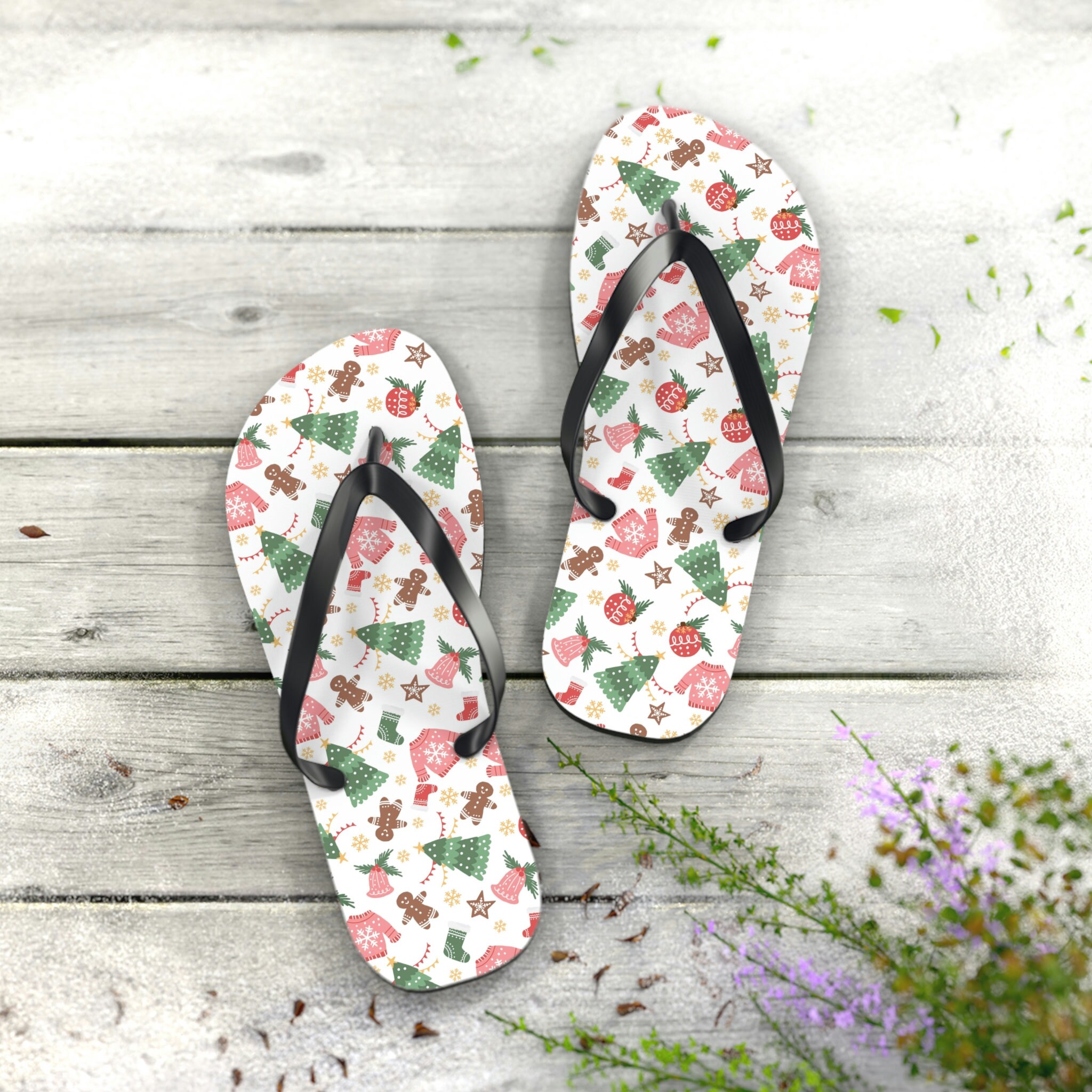 White Christmas Print Flip Flops - beach sandals, shower shoes, casual footwear, poolside