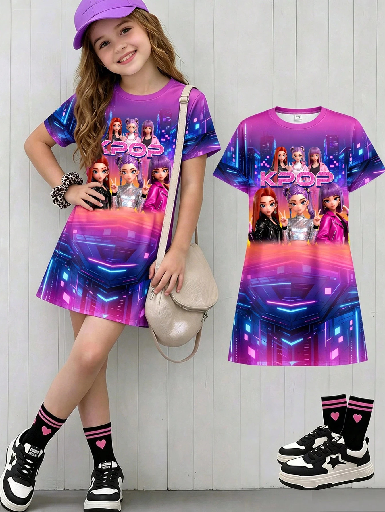 Purple Blue Neon City Girl Kpop Demon Hunter T-shirt Dress, Summer Short Sleeve Dress Gift