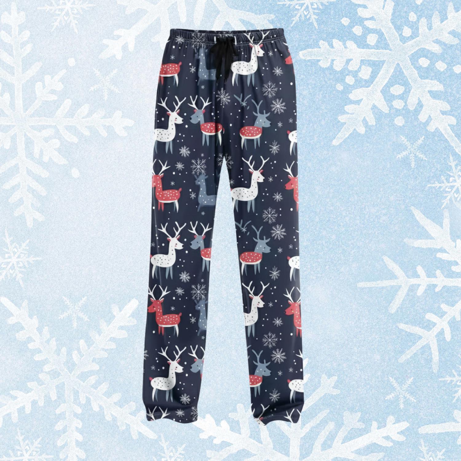 Navy Christmas Pajama Pants, Reindeer Snowflake Pattern, Winter Sleepwear Bottoms, Cozy Holiday Trouser Gift