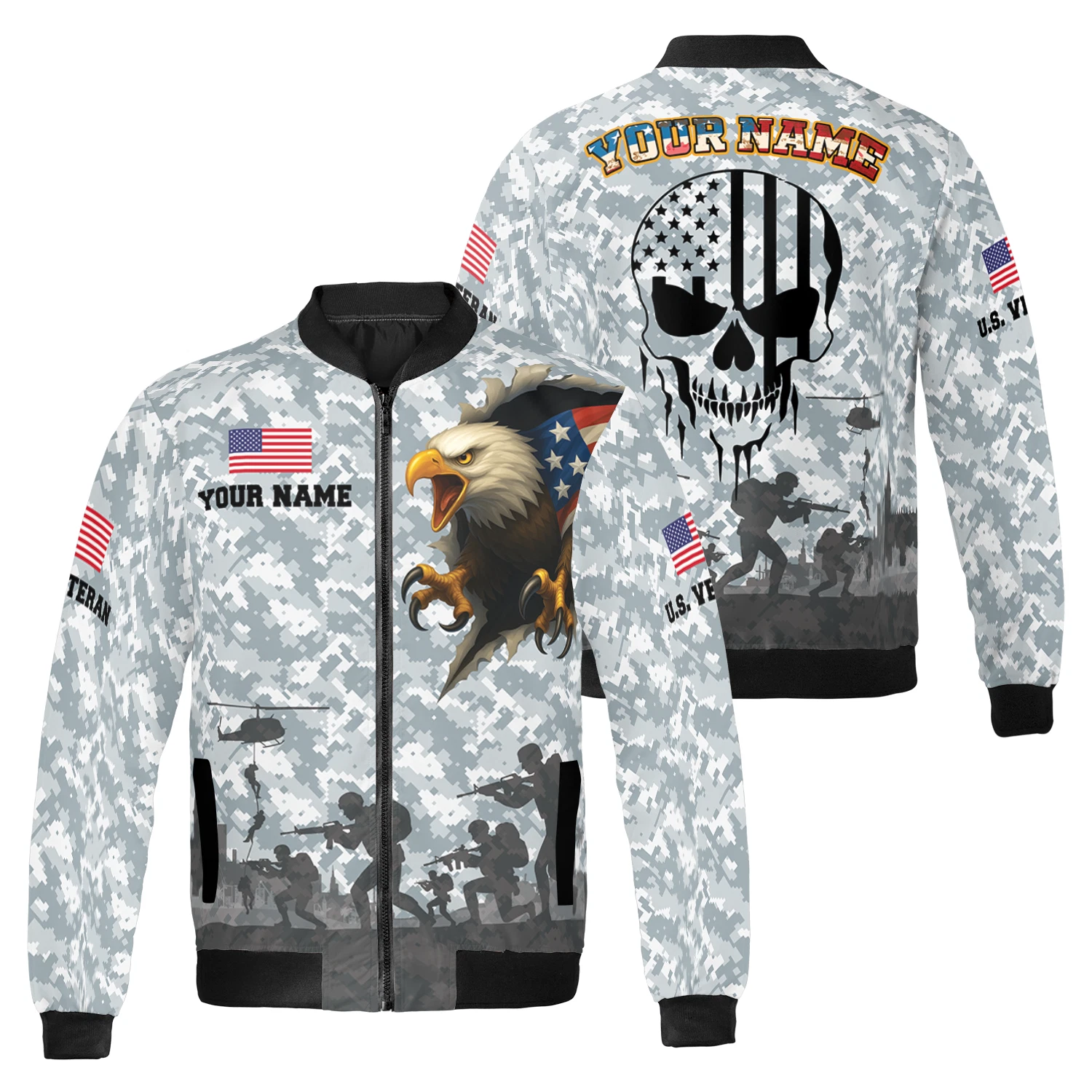 Personalized Patriotic Veteran Skull And Eagle USA Flag Bomber Jacket