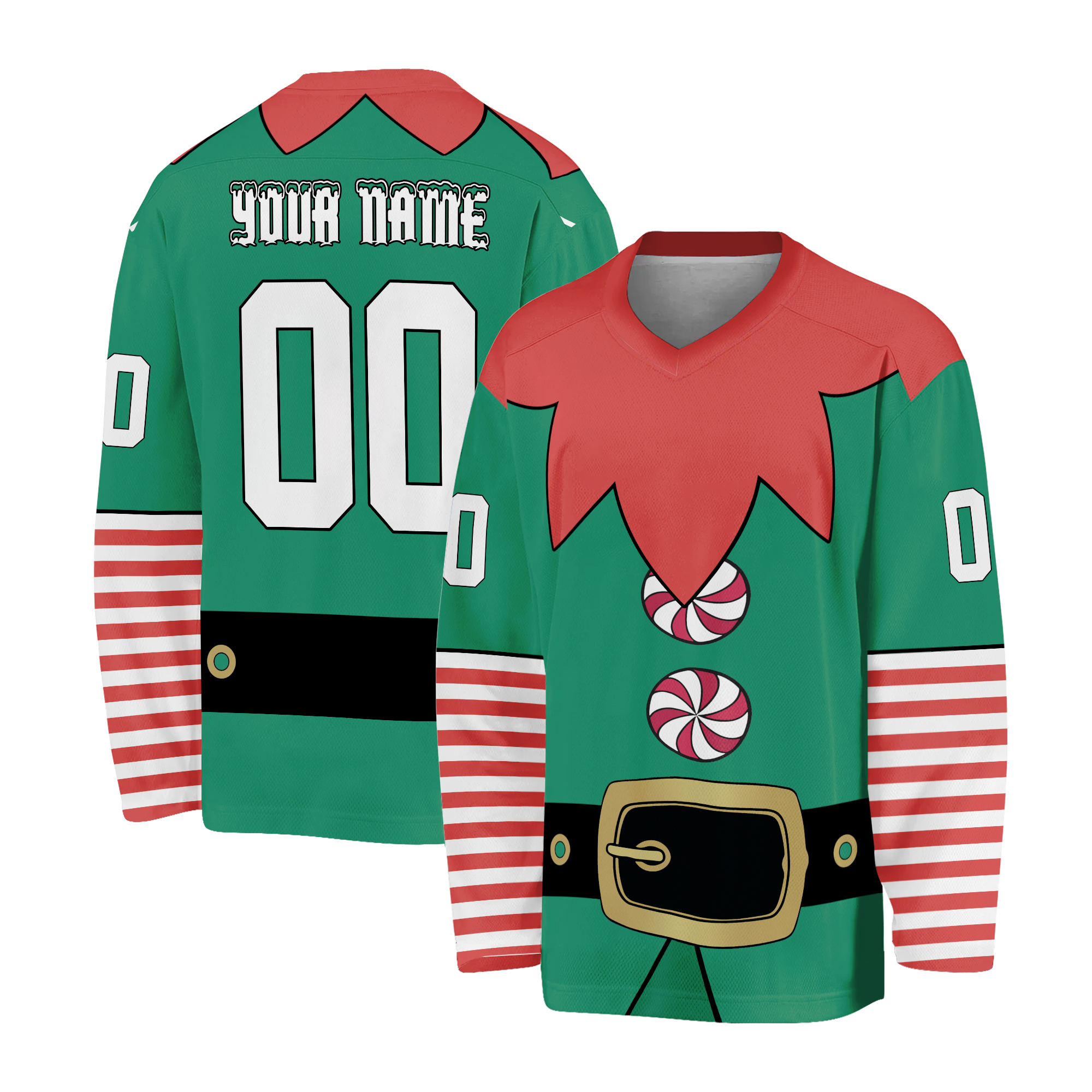 Custom Christmas Happy Team Elf Hockey Jersey TKA39, Cosplay Elf Hockey Xmas, Chrismas Long Slevees Hockey, Birthday gift for Kid ,men,woman
