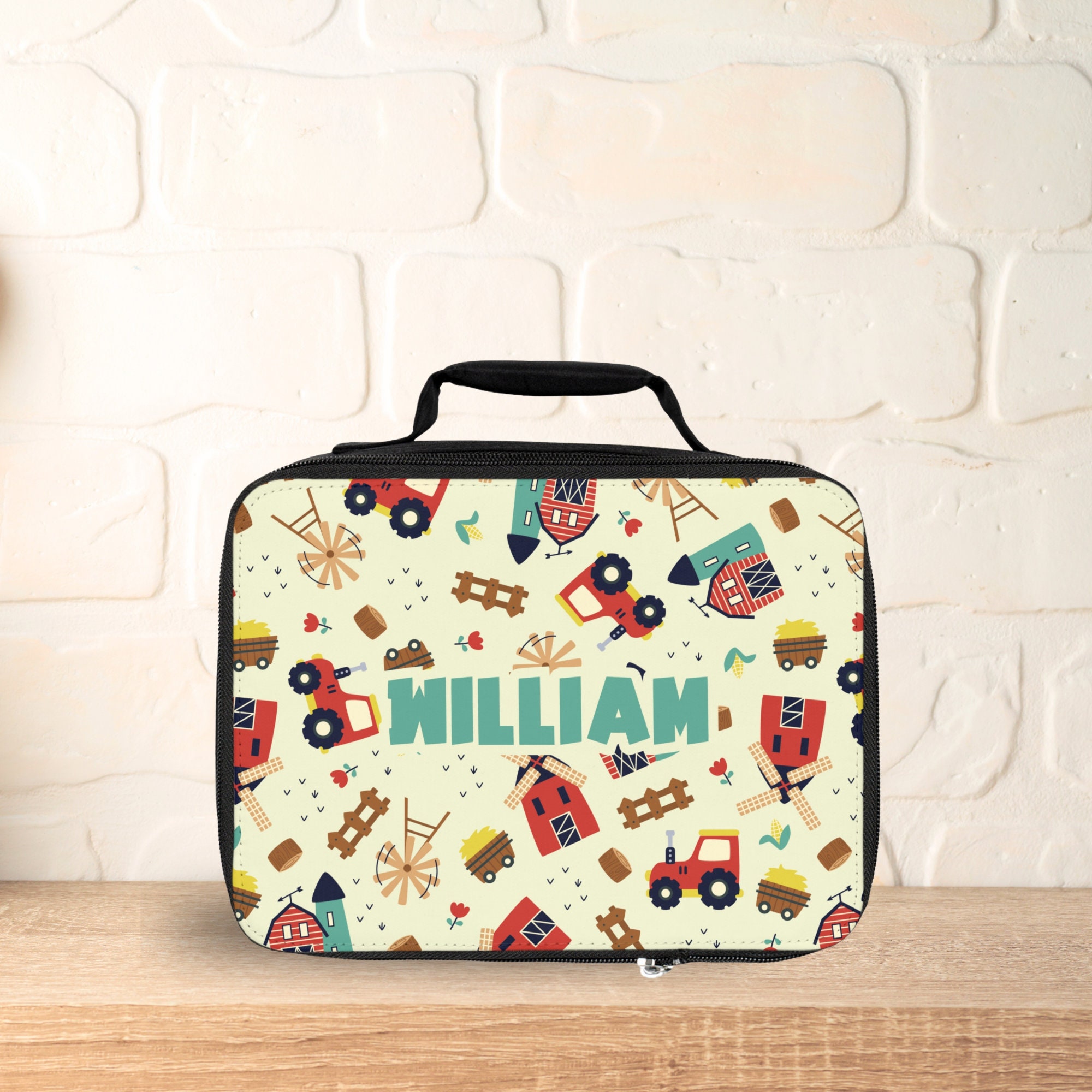 Farmyard Lunch Box Personalized / Custom Name Lunch Box / Farm Tractor Lunch Bag for School / Insulated Lunch Tote / Kids Travel Snack Bag