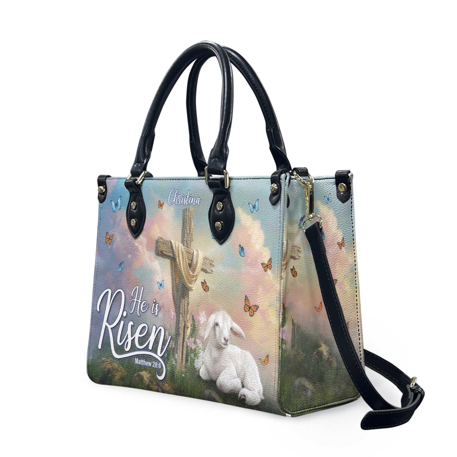 Custom Name Christian Leather Handbag - He Is Risen Easter Bag, Jesus Cross, Lamb, Personalized Religious Gift for Women, Mom, Jesus Lovers.