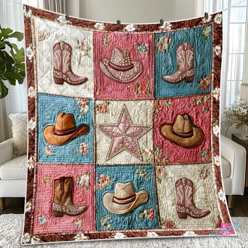 Western Cowgirl Quilt with Boots, Hat, Star Design for Rustic Home Decor