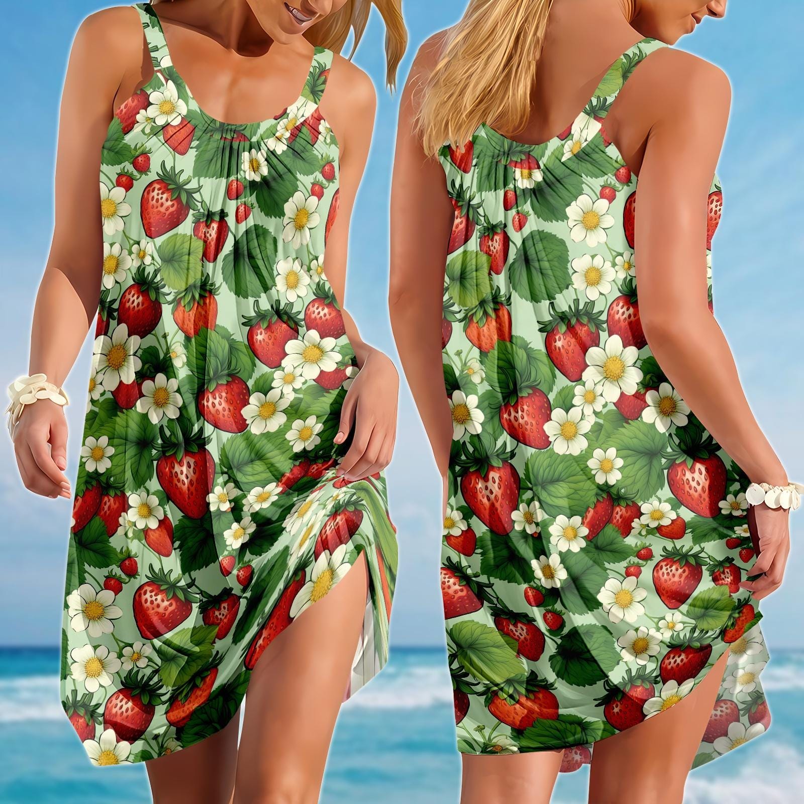 Strawberry Floral Sling Summer Dress, Cute Sleeveless Sundress, Beach Picnic Women Dress, Fruit Print Vacation Dress, Gift For Her