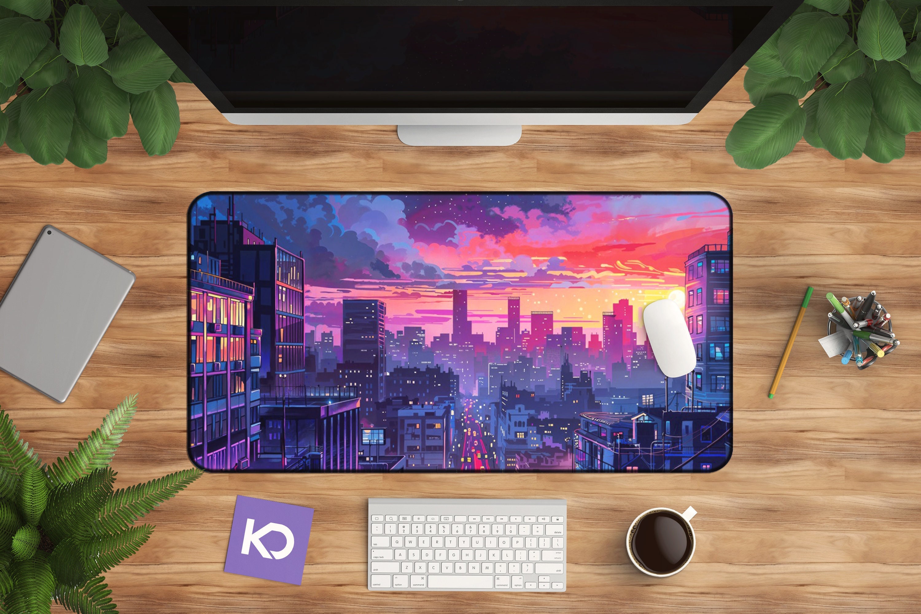 Vaporwave Desk Mat Tokyo Skyline Neon Purple Workspace Accessory