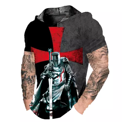 Men T Shirt Hoodie Knight Cross Graphic Gray Black Short Sleeve Soft LightWeight