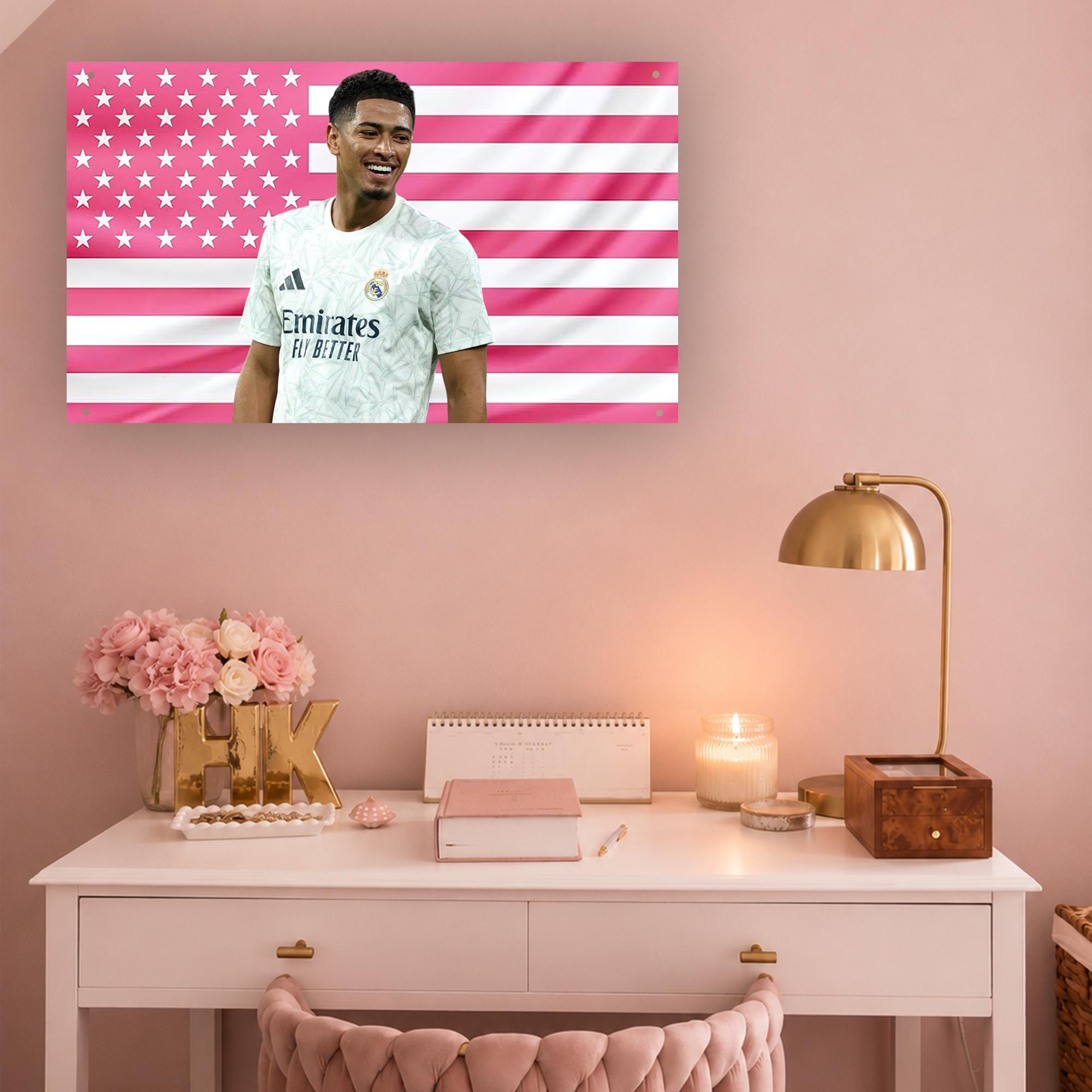 Jude Bellingham Pink Flag | Football Star Wall Tapestry | Soccer Fan Room Decor | Celebrity Athlete Gift | Dorm Flag
