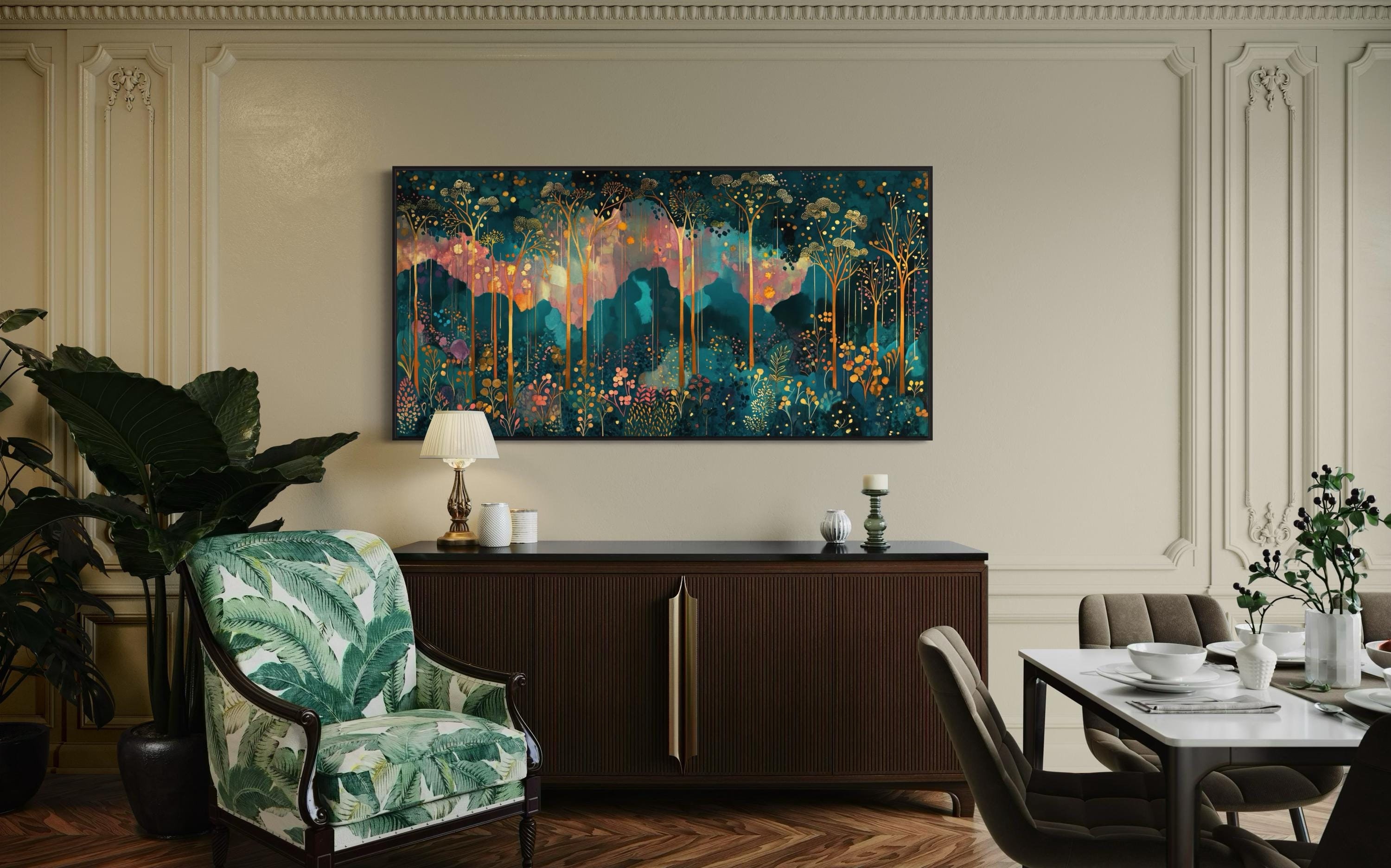 Rain Forest Panoramic Art - Mystical Woodland Canvas Print with Golden Accents, Perfect for Above Couch Decor and Luxury Spaces