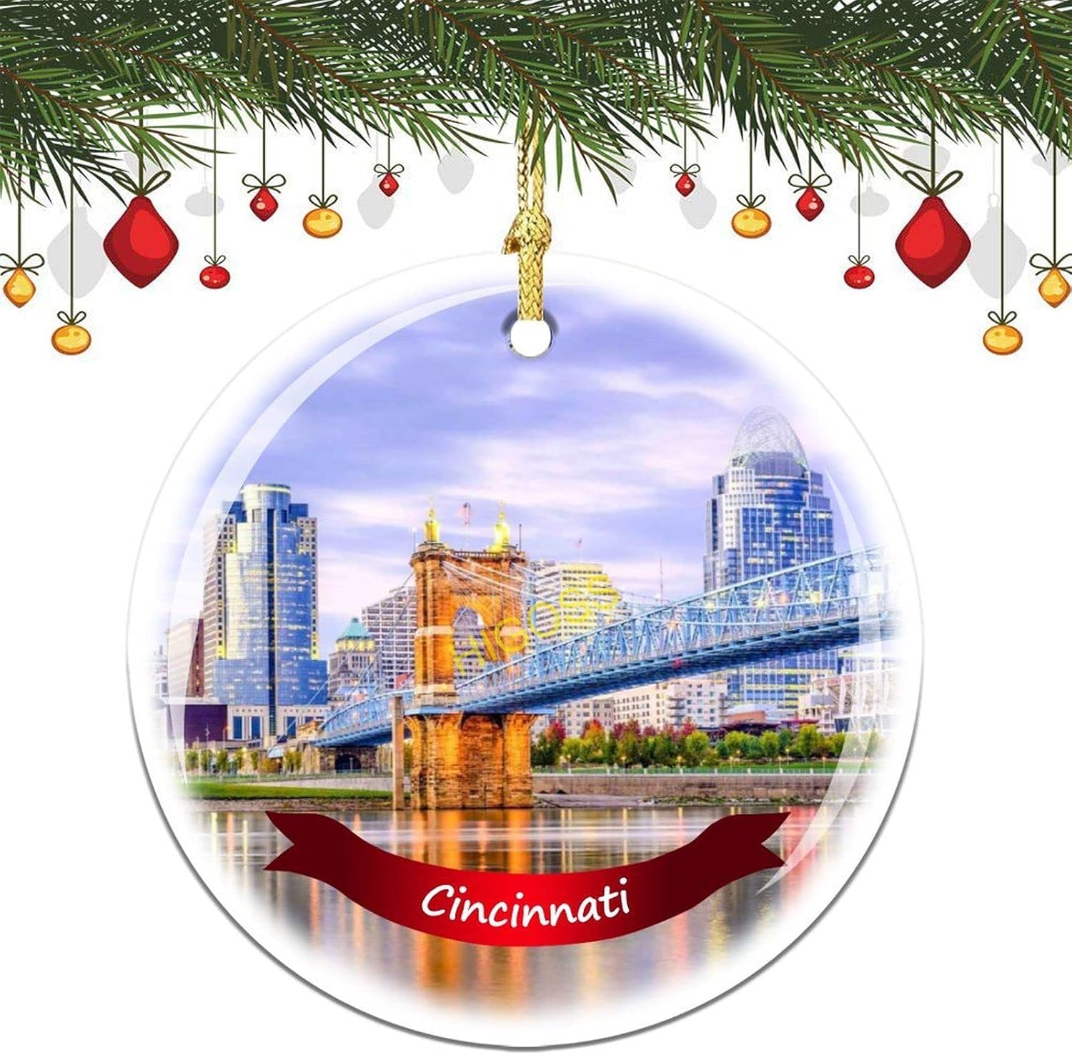 Cincinnati Tree Hanging Christmas Ornament Porcelain Double-Sided Ceramic Ornament,3 Inches