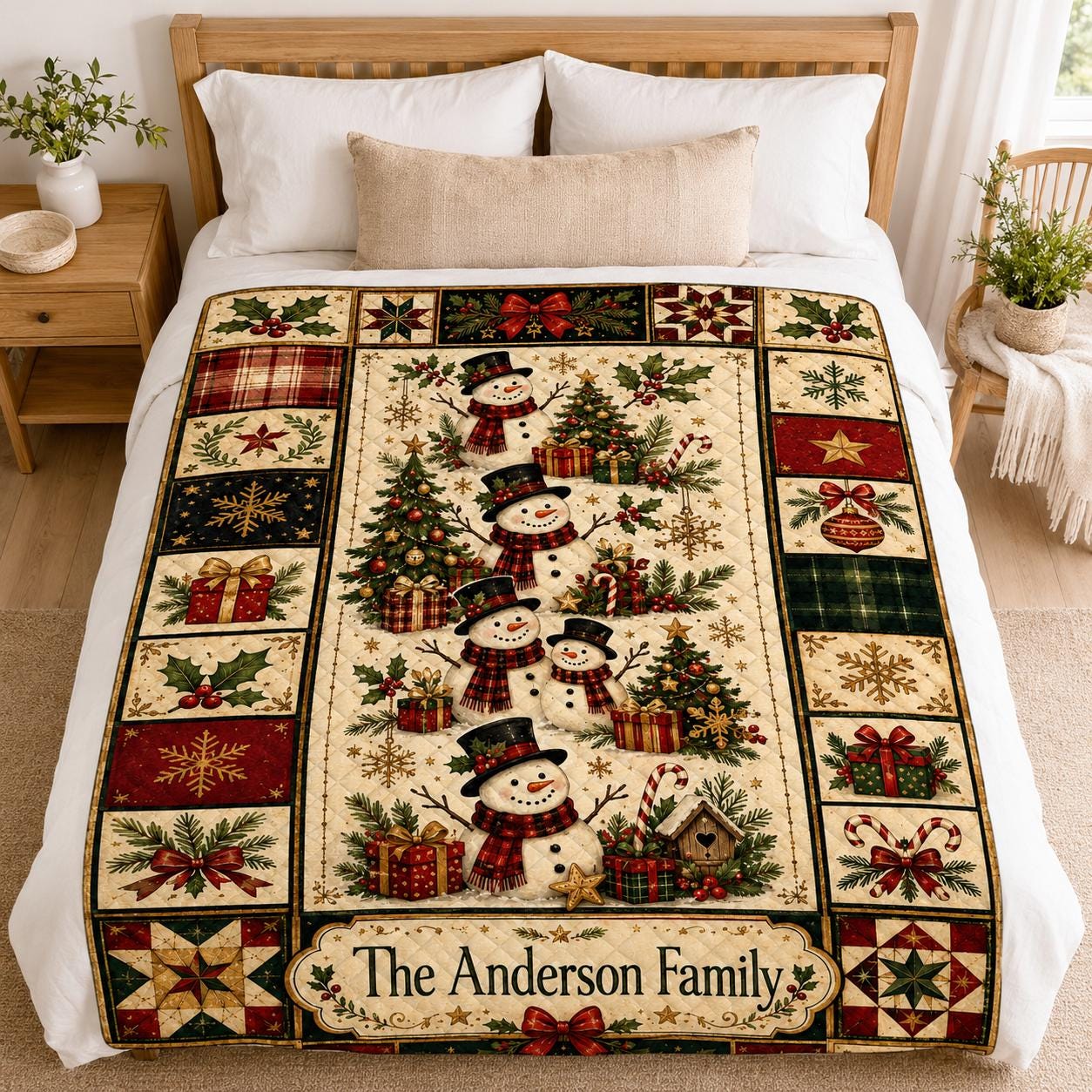 Personalized Christmas Quilt Blanket, Custom Family Name Snowman Throw, Vintage Holiday Patchwork, Farmhouse Christmas Quilt