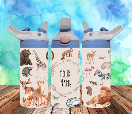 Zoo Animals 300dpi 12oz Kids Flip top Sippy cup Tumbler/Personalized With Name/Deer
