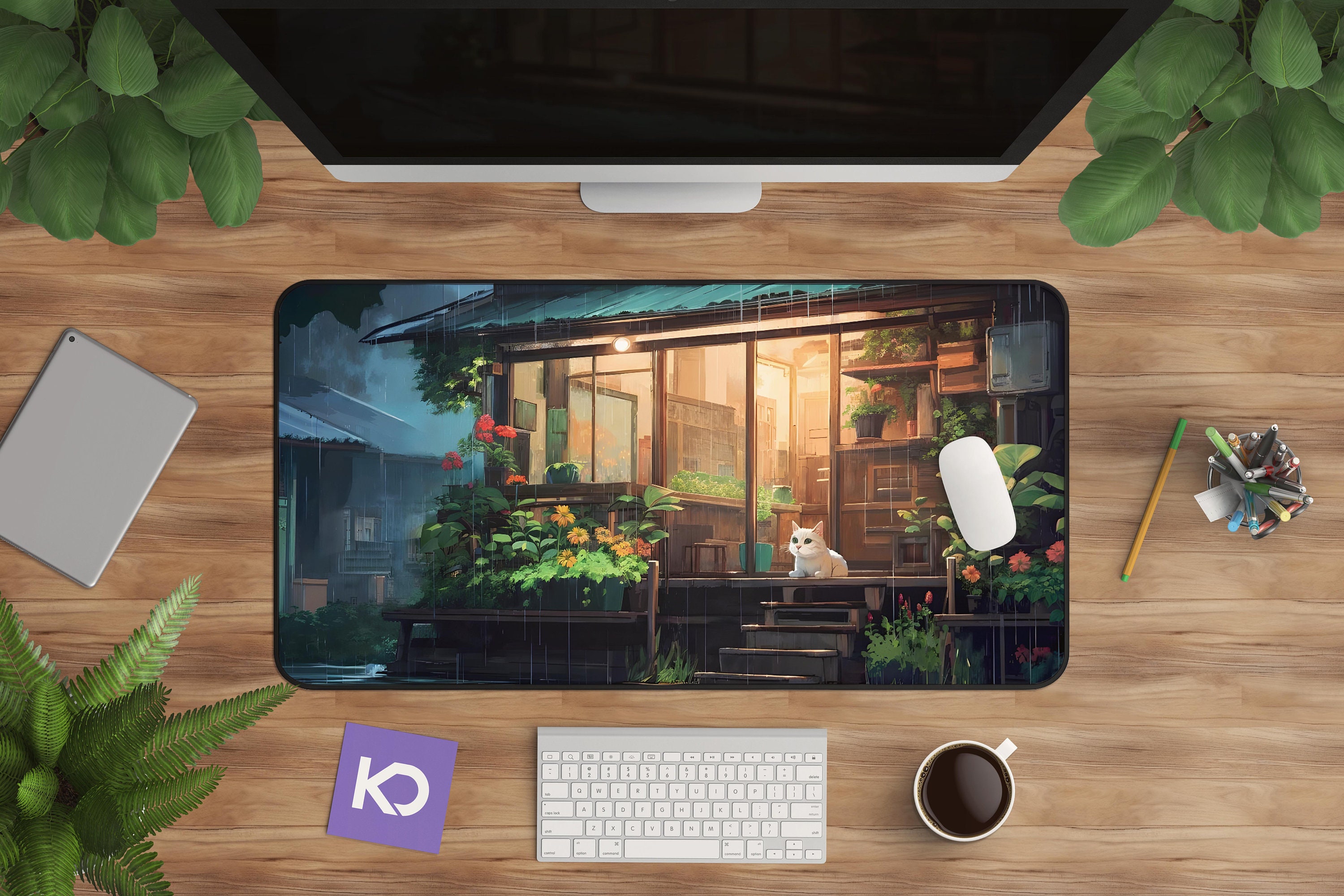 Anime Cat Desk Mat - Rainy Night