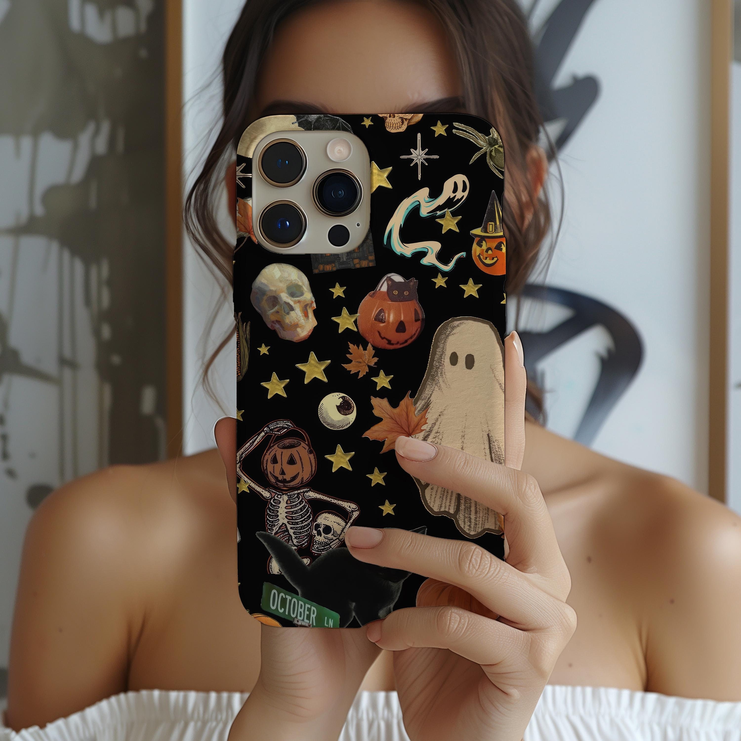 Vintage Halloween Phone Case, Ghosts, Pumpkins, Skeleton Collage, iPhone