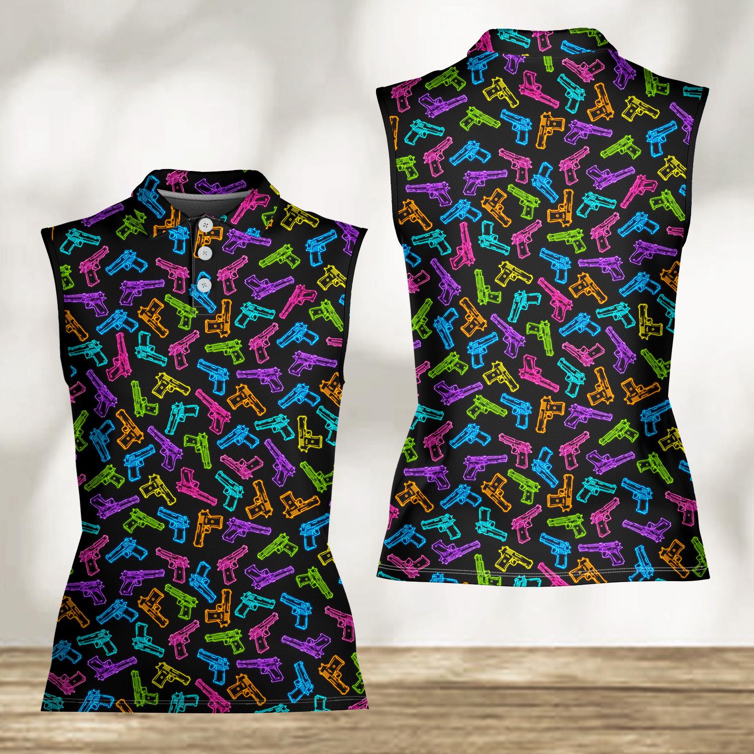 Women's Sleeveless Neon Gun Cyberpunk Polo Shirt, Colorful Pistol Print Gun Enthusiast Gift Top