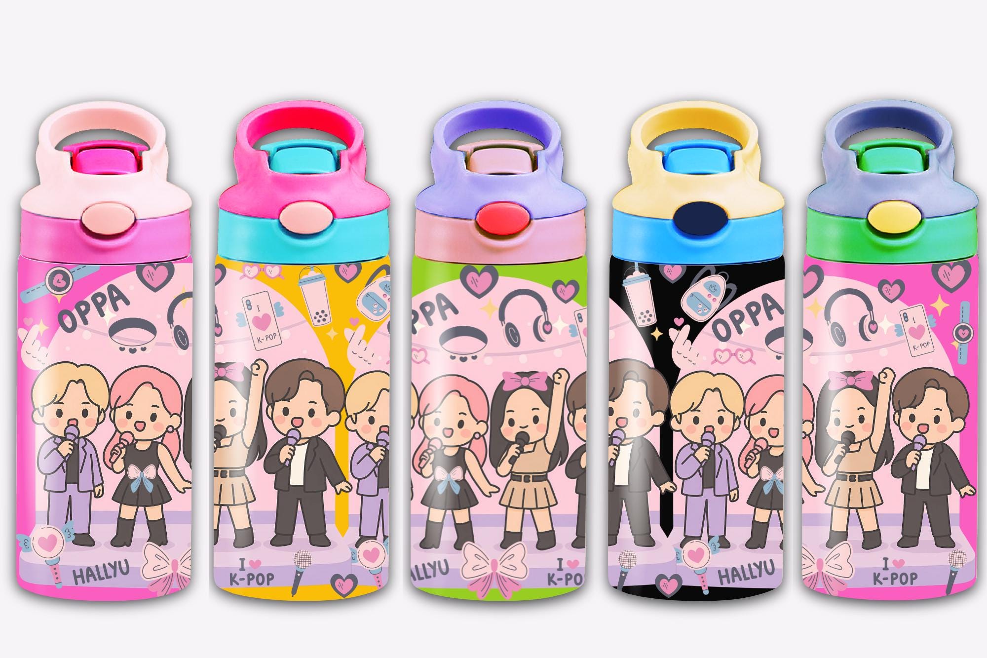K-Pop Cartoon Band 12oz Sippy Tumbler, Kawaii Chibi Idol Fan Art 12oz,Kpop