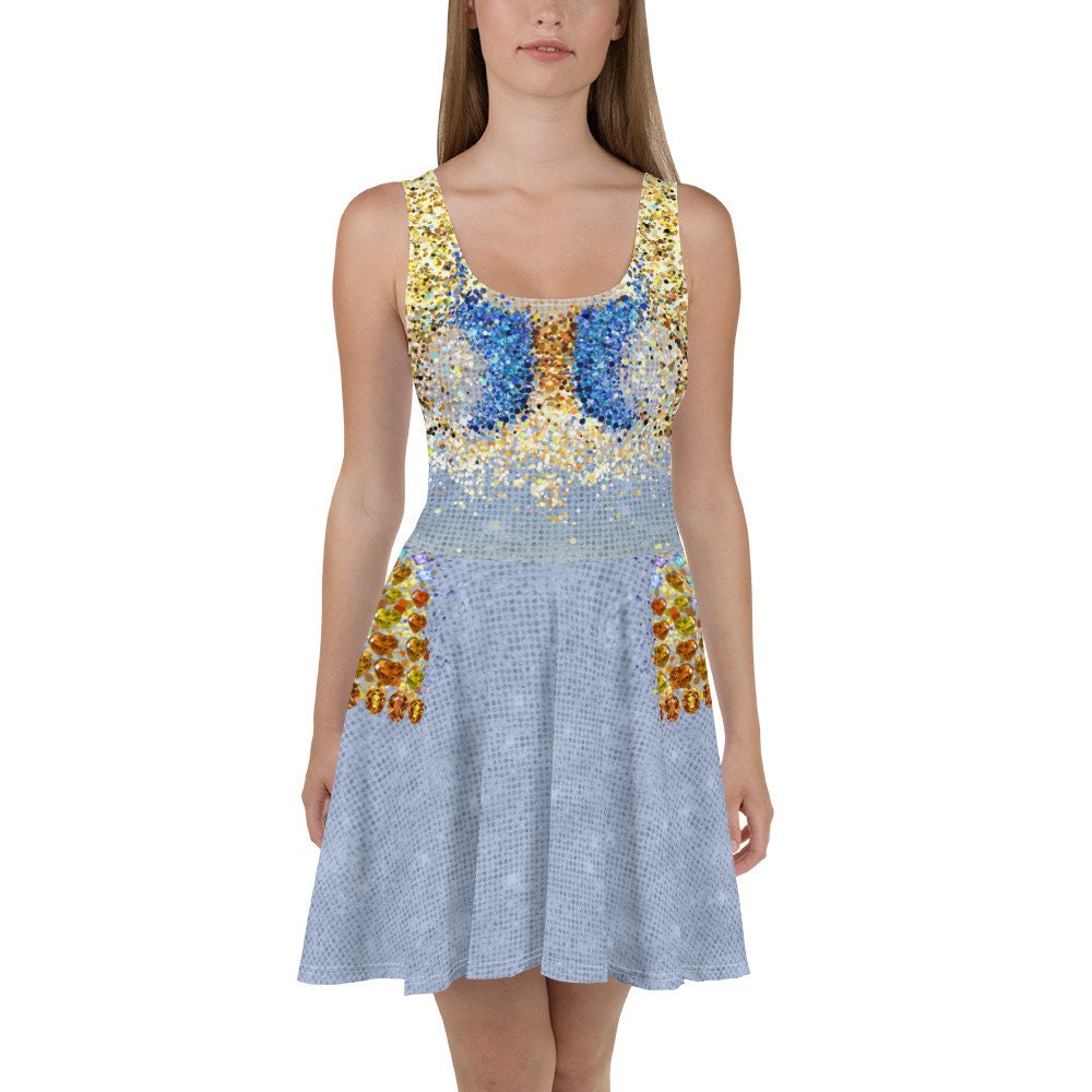 Concert outfit, cosplay, printed on jewels, bejeweled, bronze and blue ombre, Skater Dress (not real sparkles or jewels)