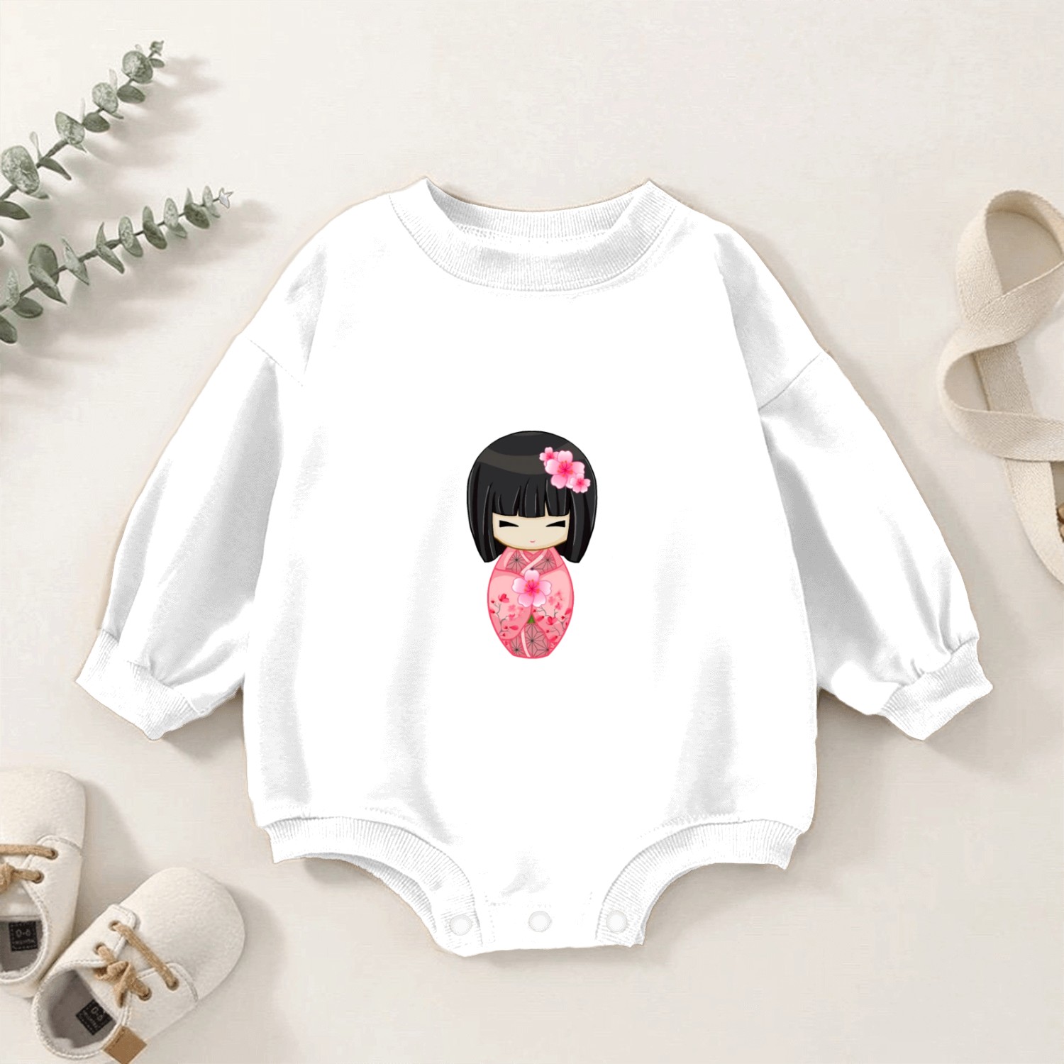 Cherry Blossom Geisha Japanese Kokeshi Doll Baby Romper Sweatshirts