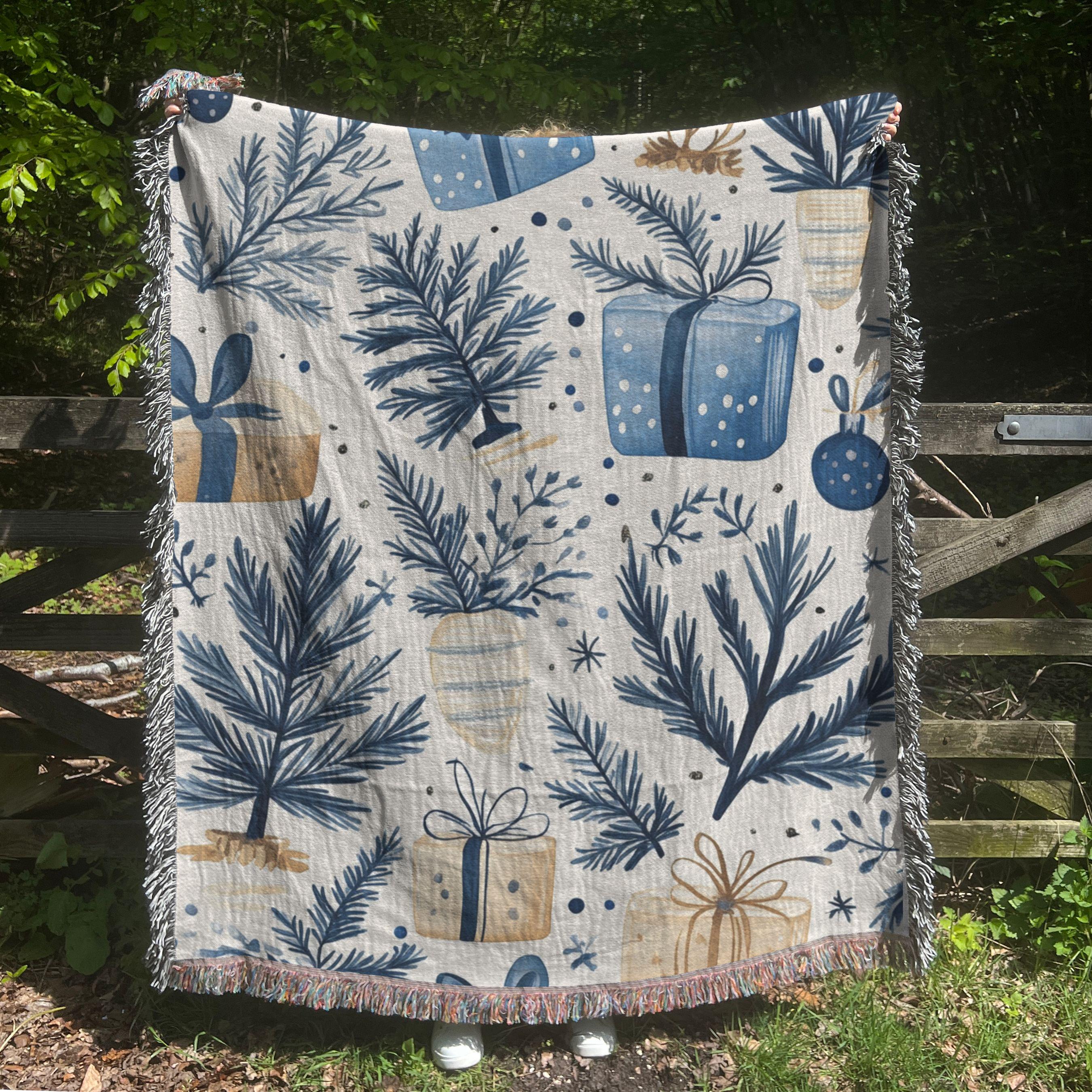 Blue Christmas Woven Blanket, Cozy Cotton Throw, Christmas Decor & Gift, Holiday Throw Blanket, Holiday Blanket, Cozy Throw, Home Decor Gift