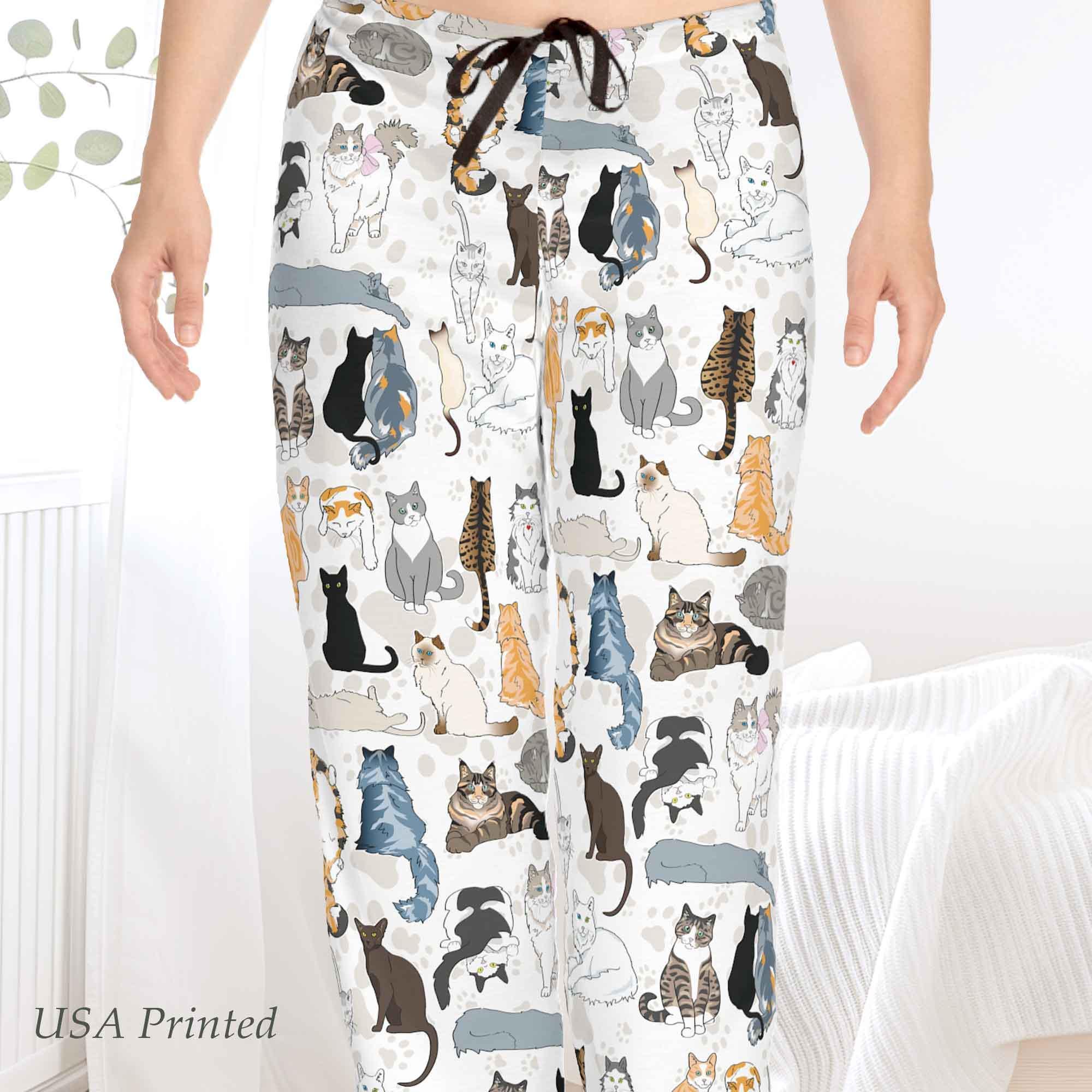 Cat Print Pajama Pants, Crazy Cat Ladies PJ Bottoms, Realistic Cat Breeds, Cat Lover Lounge Pants, Cats Pyjama Pants for Her