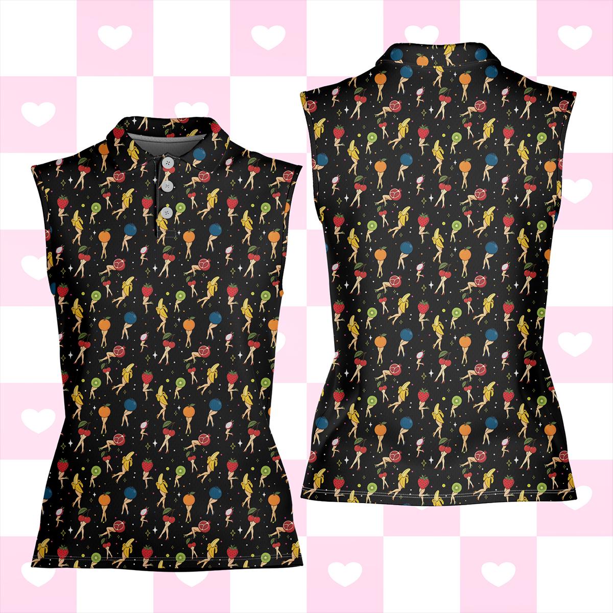 Women's Sleeveless Polo Shirt, Fruits Print Golf Top, Ladies Tennis Summer Sport Shirt