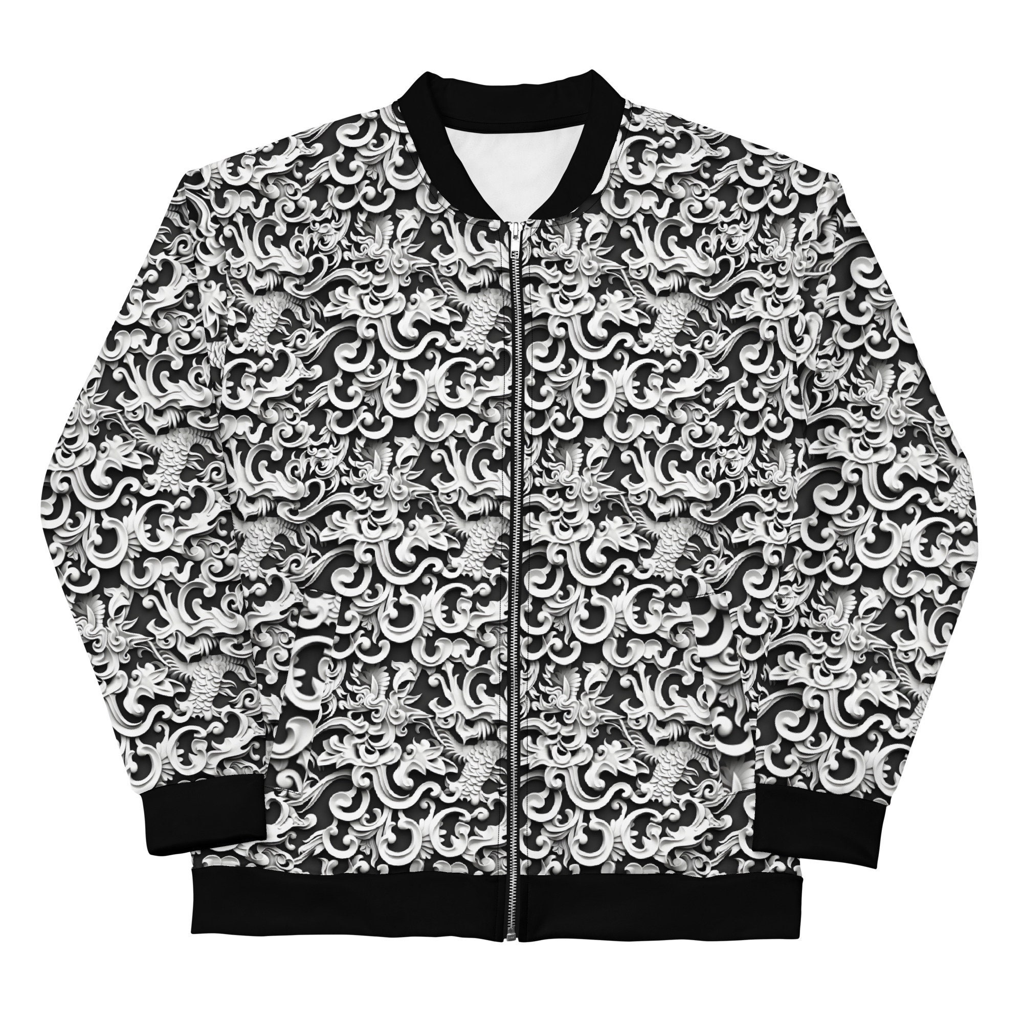 Graphic Bomber Jacket: Dragon Print, Unisex Fleece