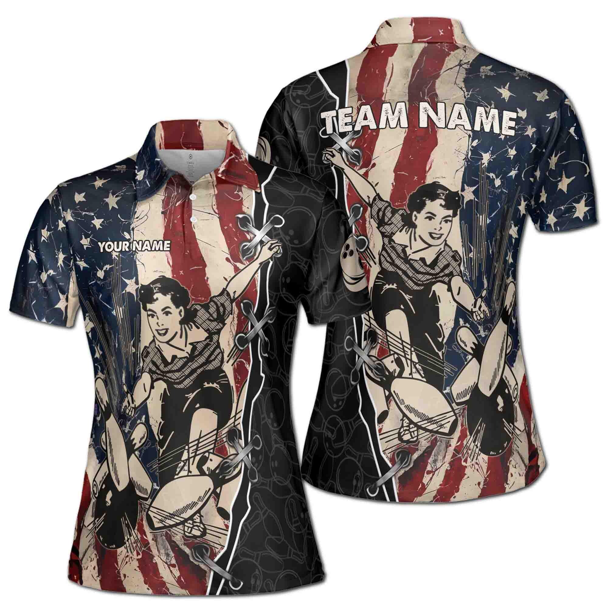 Customize Name Team Name Retro American Lady Bowling Women's Polo Shirt