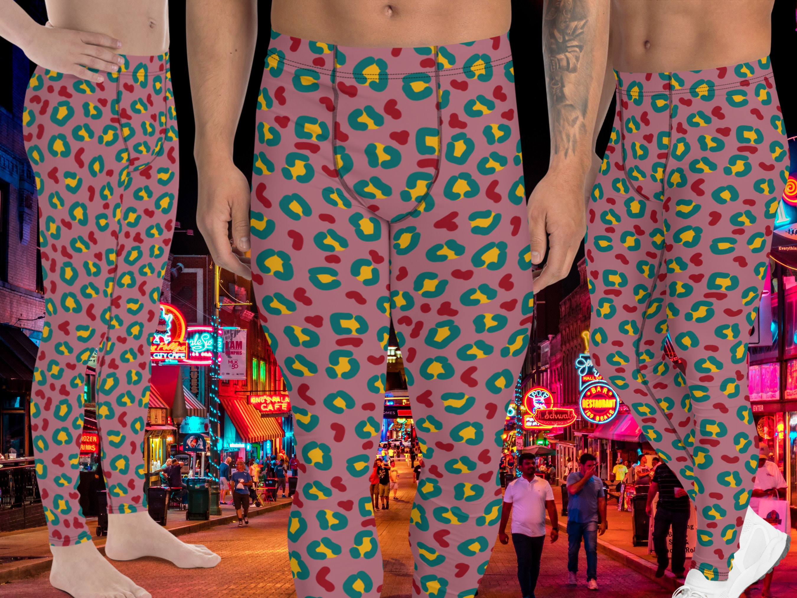 Mens Leggings Leopard Skin, Raspberry Teal Gym Meggings, Festival Pants, Running Tights
