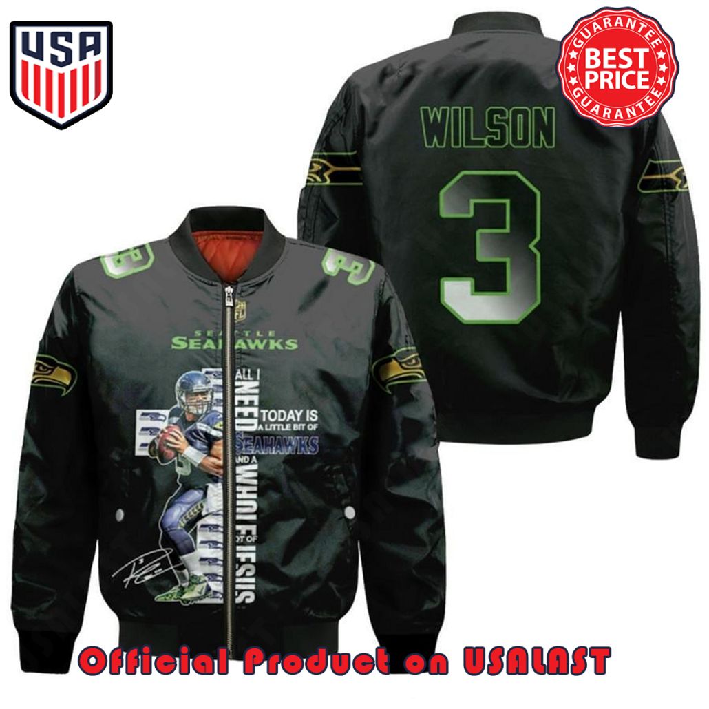 SEATTLE SEAHAWKS RUSSELL WILSON PATTERN BOMBER JACKET – BLACK
