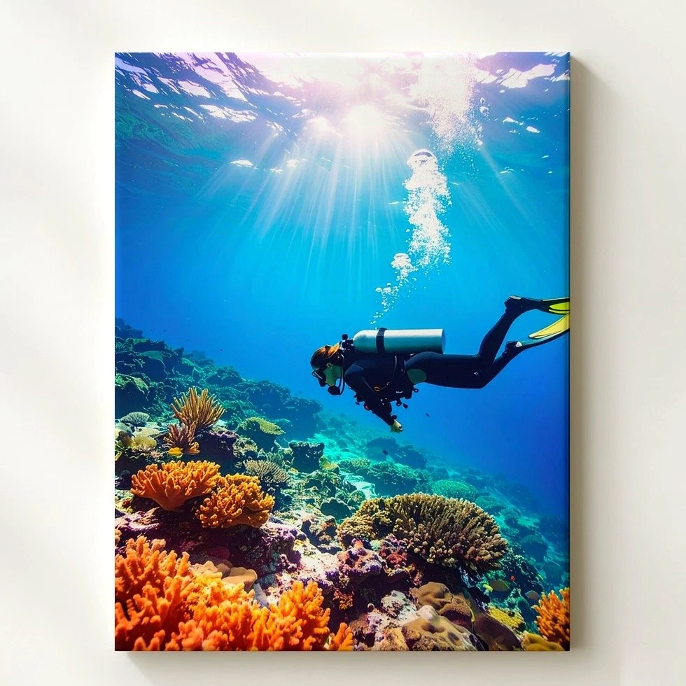 Coral Reef Diver Canvas Wall Art - Underwater Exploration Scene