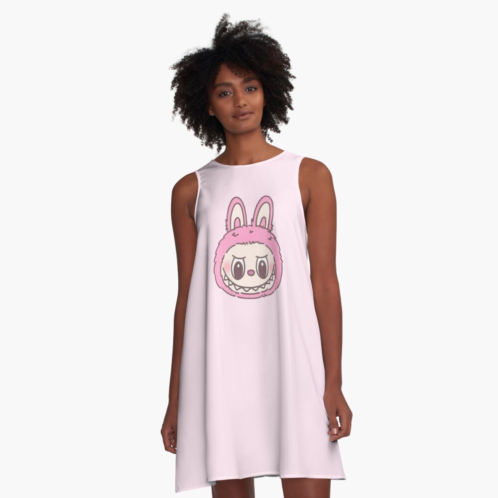 Cute Pastel Pink Labubu Head A-Line Dress, Gift for Her
