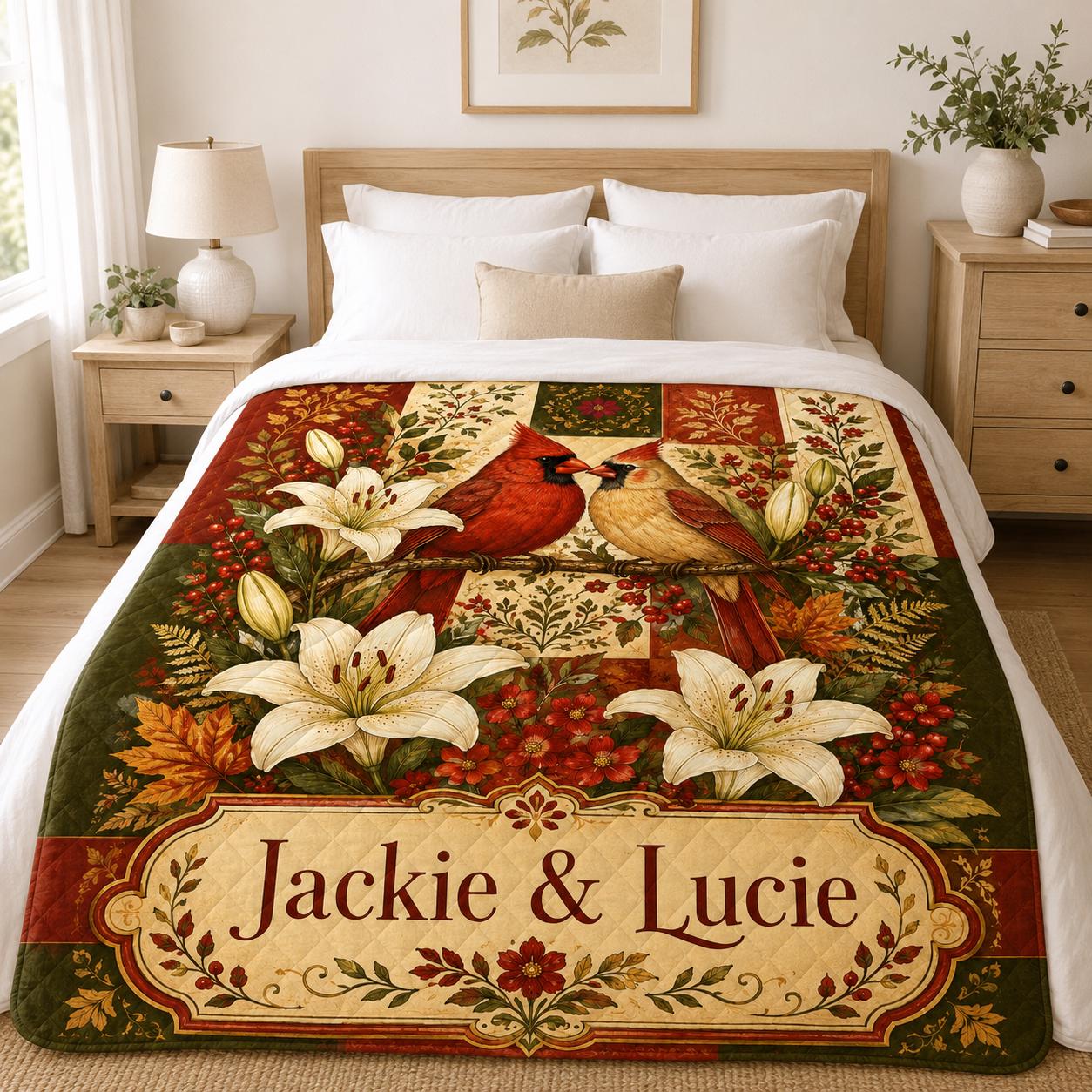 Personalized Cardinal Quilt Blanket, Custom Name Red Bird Throw, Cardinal Couple Floral Quilt, Bird Lover Gift, Vintage Folk Art Home Decor