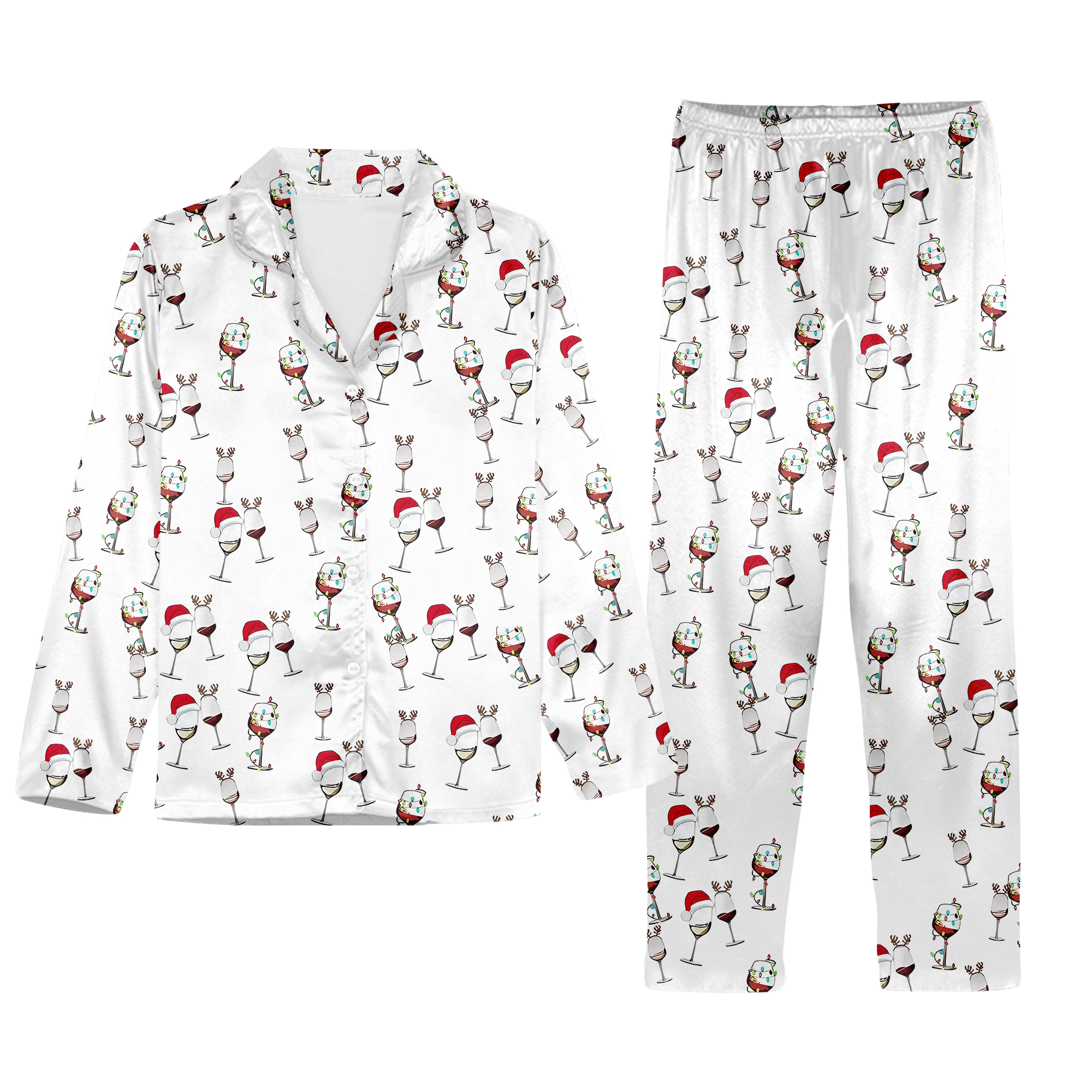 Wine Glass Christmas Pajamas Set, Wine Red Holiday Pajamas, Santa Hat Reindeer Set Of Pajamas, Matching Family Set, Xmas Party Gifts