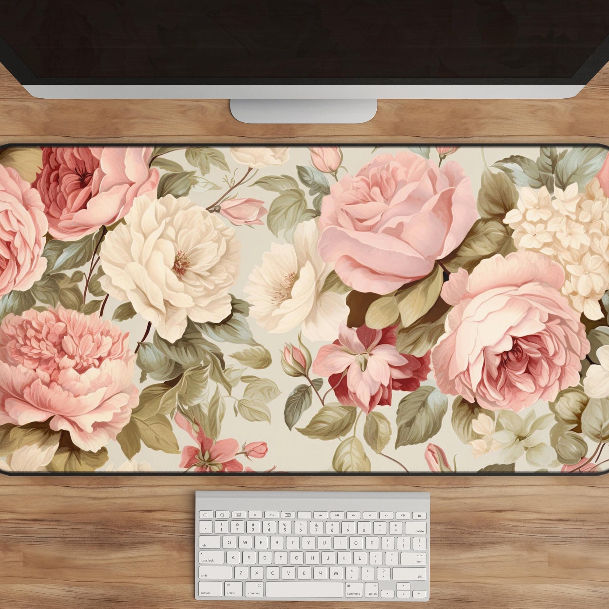 Floral Desk Mat with Pink Roses and Green Leaves