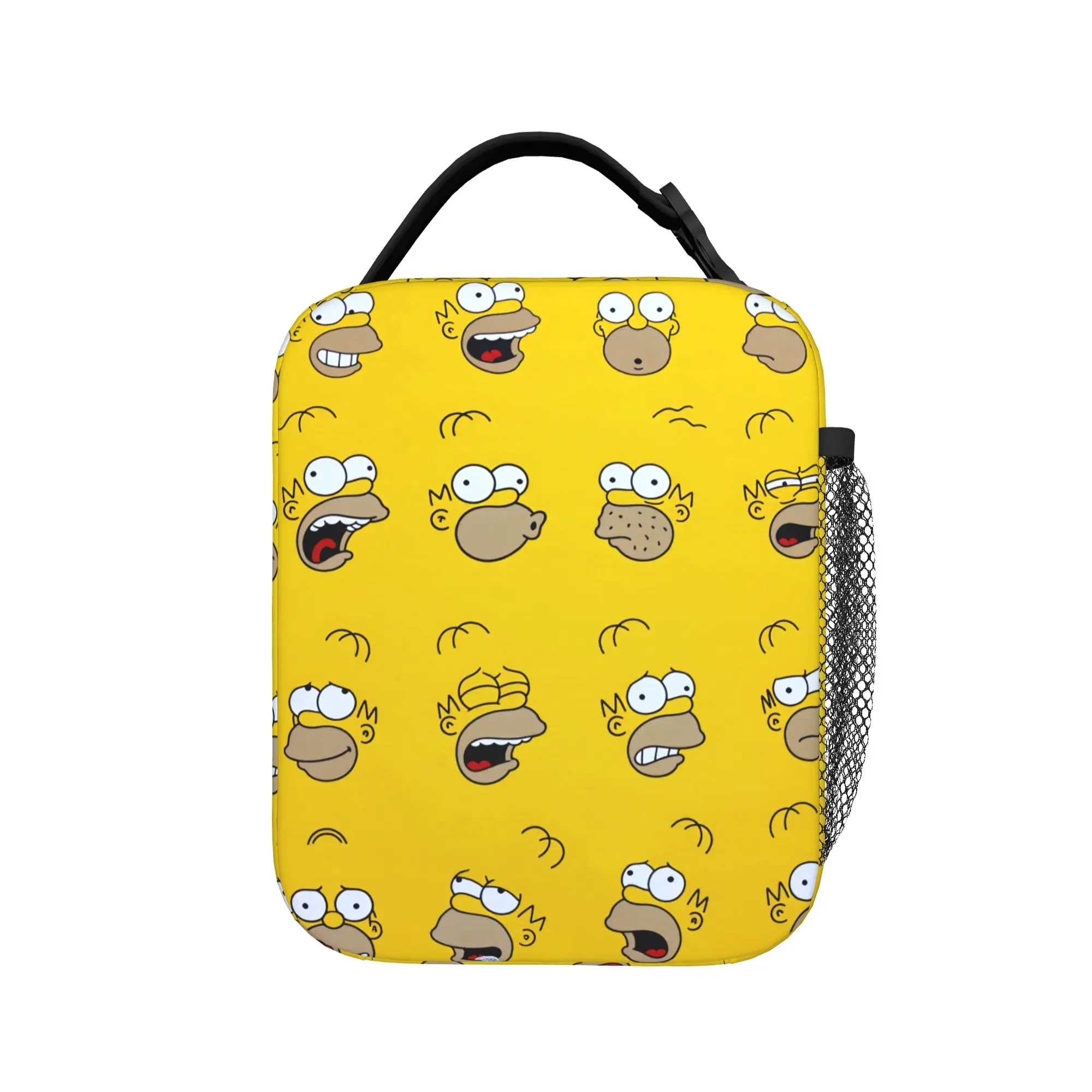 The Simpsons Character Face Pattern Kids Lunch Bag, Oxford Print Insulated Cooler Tote, Outdoor Picnic Food Storage Bag for Children