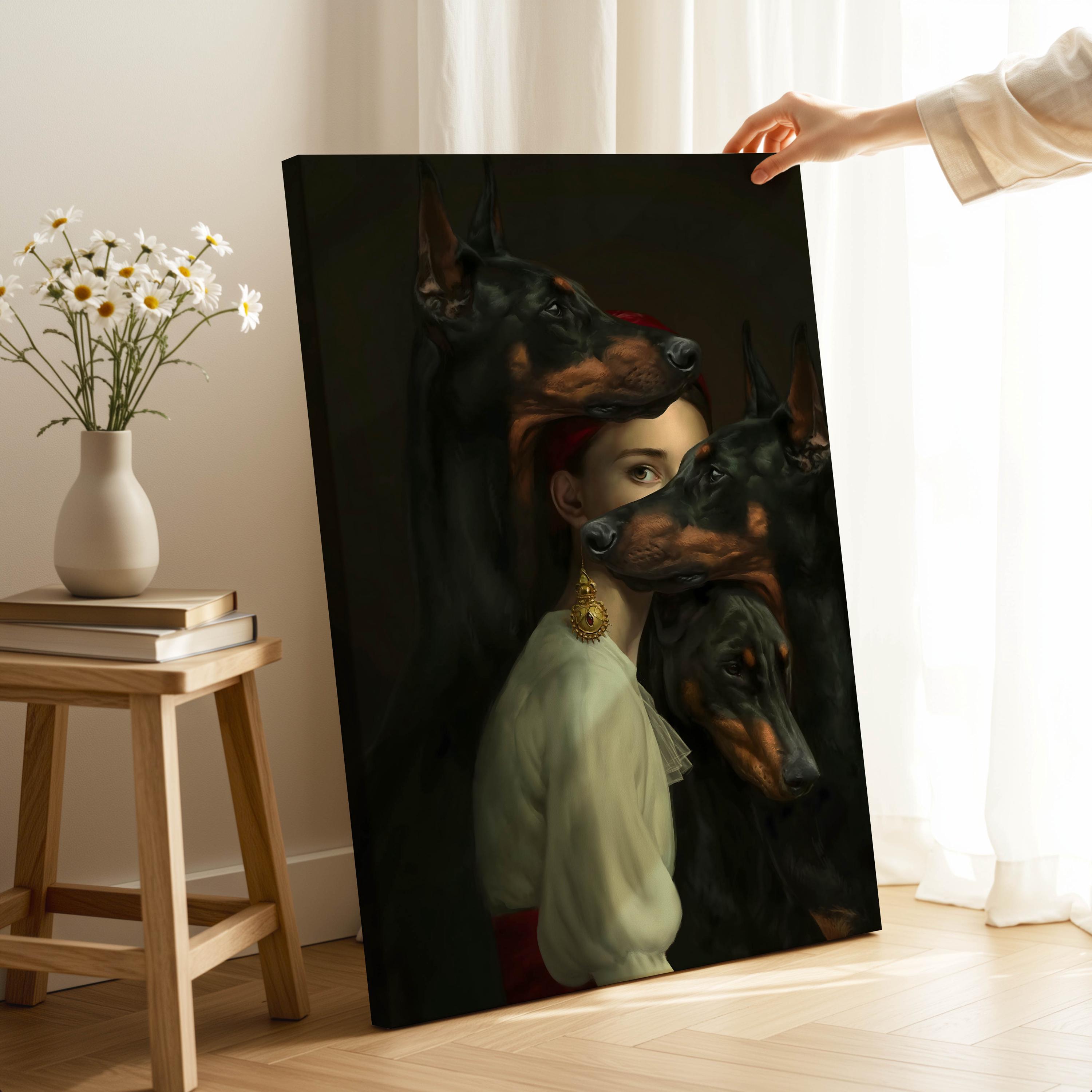 Doberman Dogs and Woman Portrait Canvas Print, Dark Academia Wall Art
