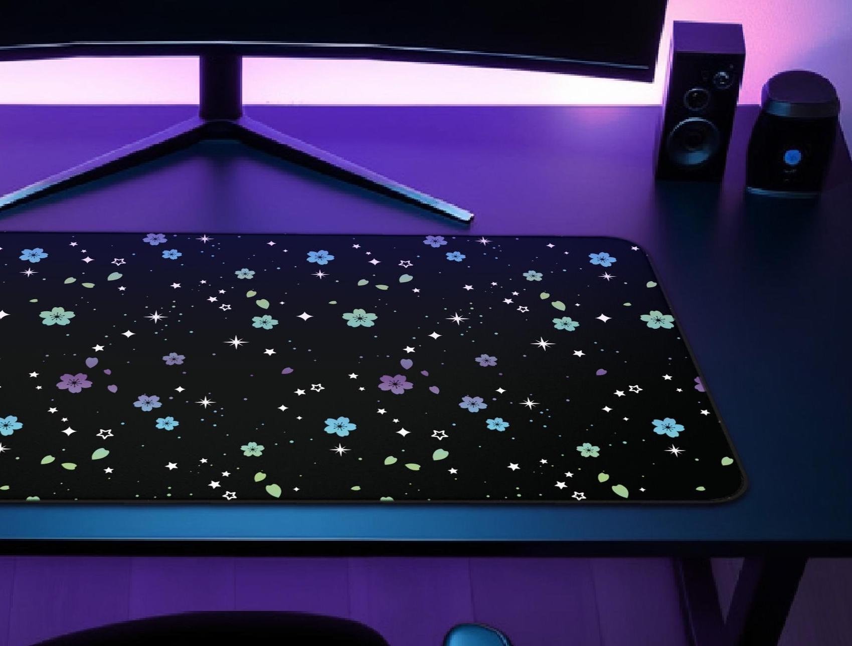 Cute Galaxy Sakura Desk Mat Celestial Cherry Blossom Gaming Mouse Pad Cosmic Floral Large Deskmat