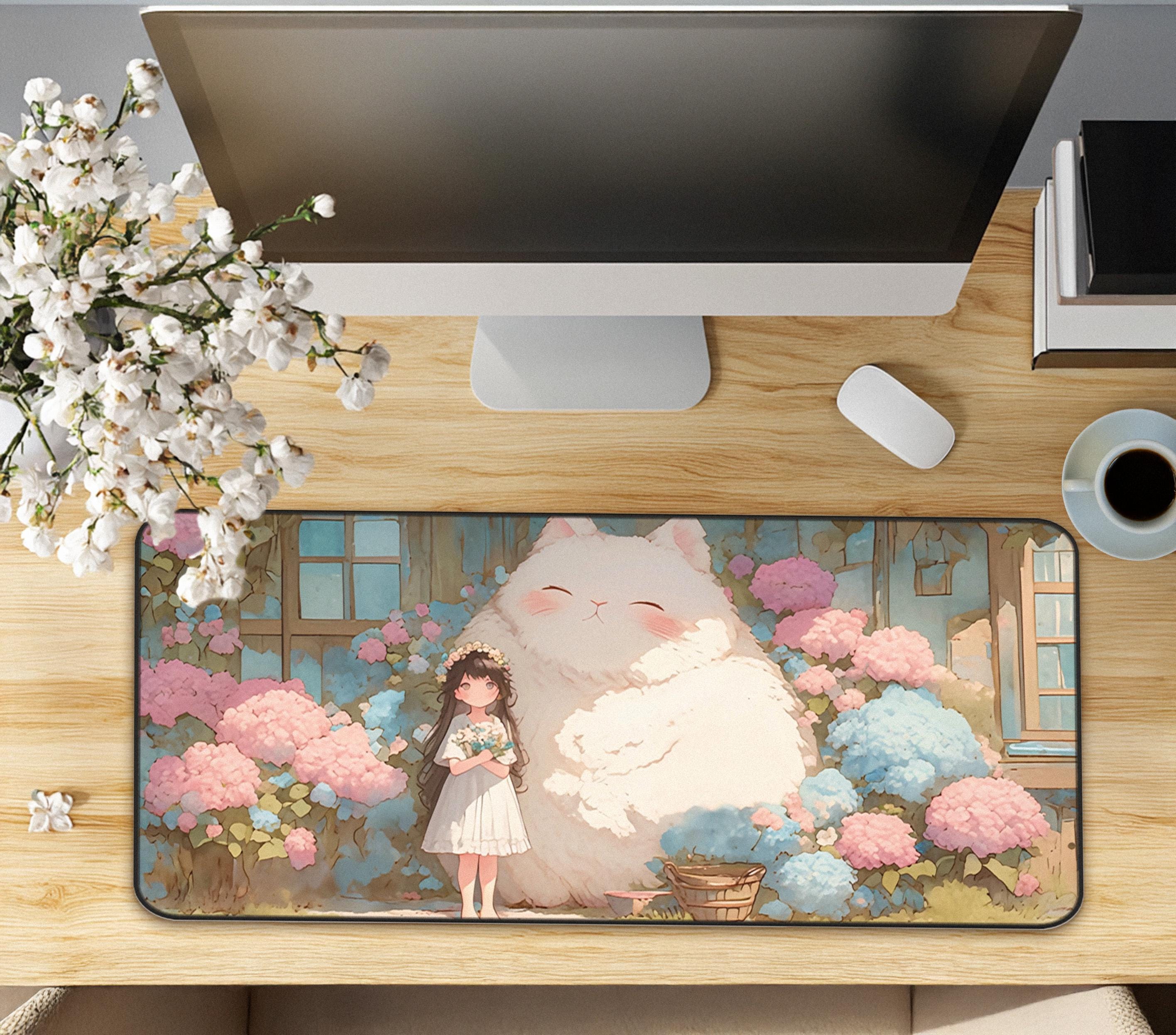 Kawaii Fluffy Friend Desk Mat, Cute Large Mouse Pad with Anime Girl, Desk Mat Cute