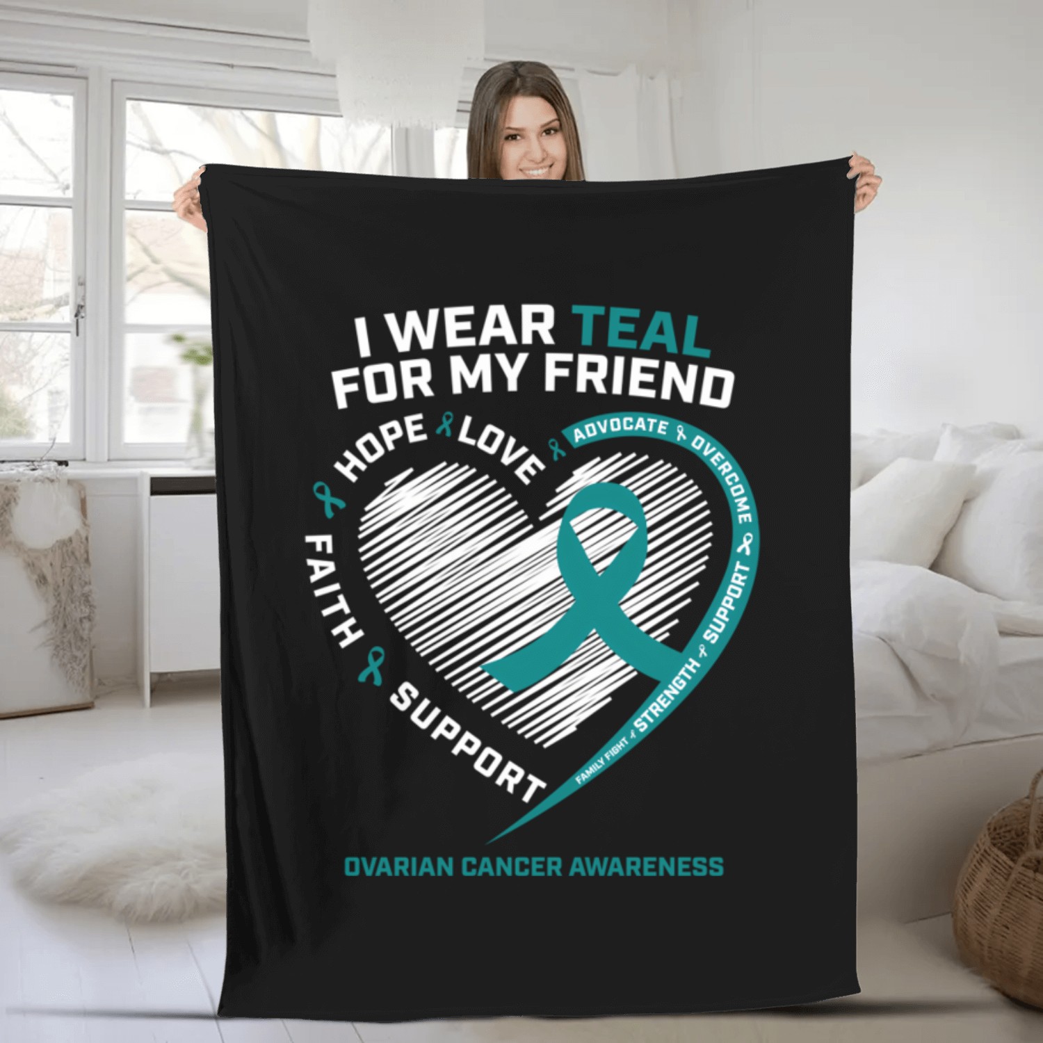 Teal Ribbon Ovarian Cancer Awareness Friend Fleece Blankets