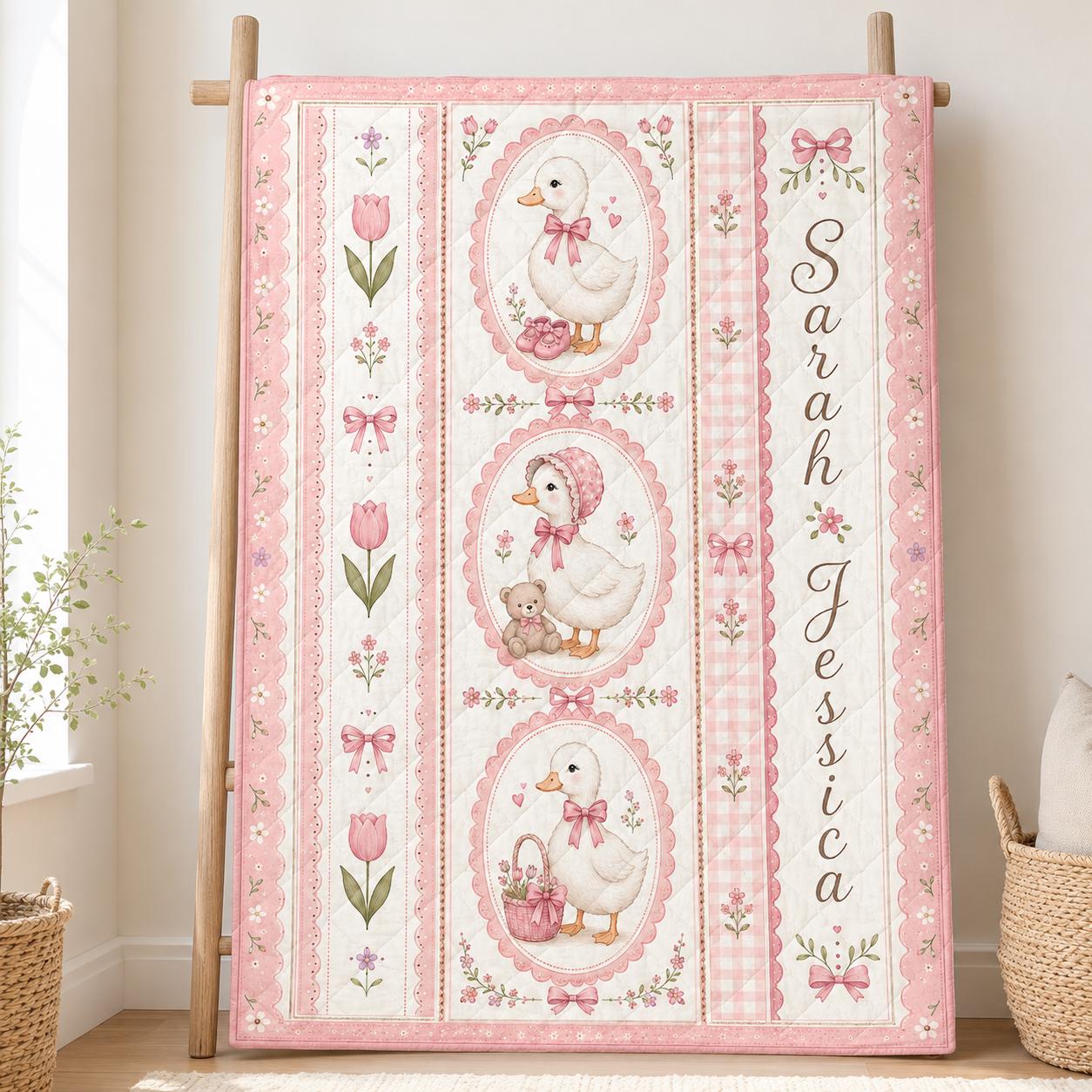 Personalized Duck Quilt Blanket, Custom Name Pink Floral Nursery Throw, Baby Girl Keepsake Gift