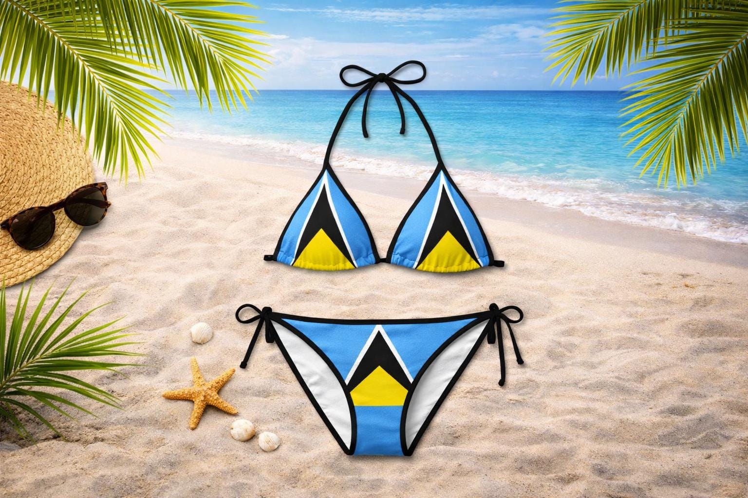 Saint Lucia Flag Triangle Bikini Swimsuit - Blue Yellow Black Geometric Women's Swimwear