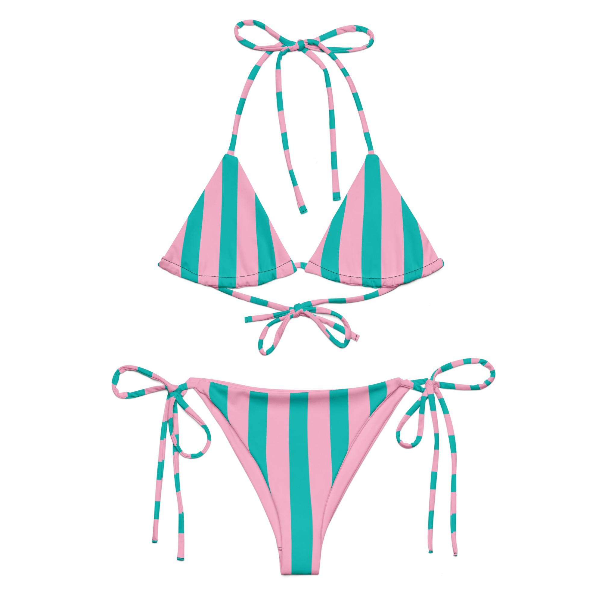 Pink and turquoise all-over print recycled string bikini swimsuit