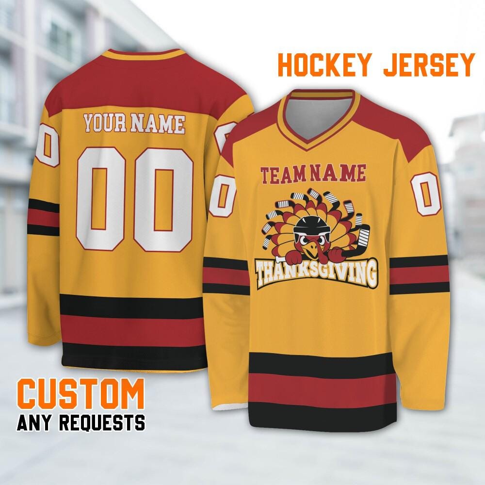 Customized hockey jersey thanksgiving Turkey logo yellow basic, Team Thanksgiving Sports Jersey, Funny Custom Name Turkey Hockey