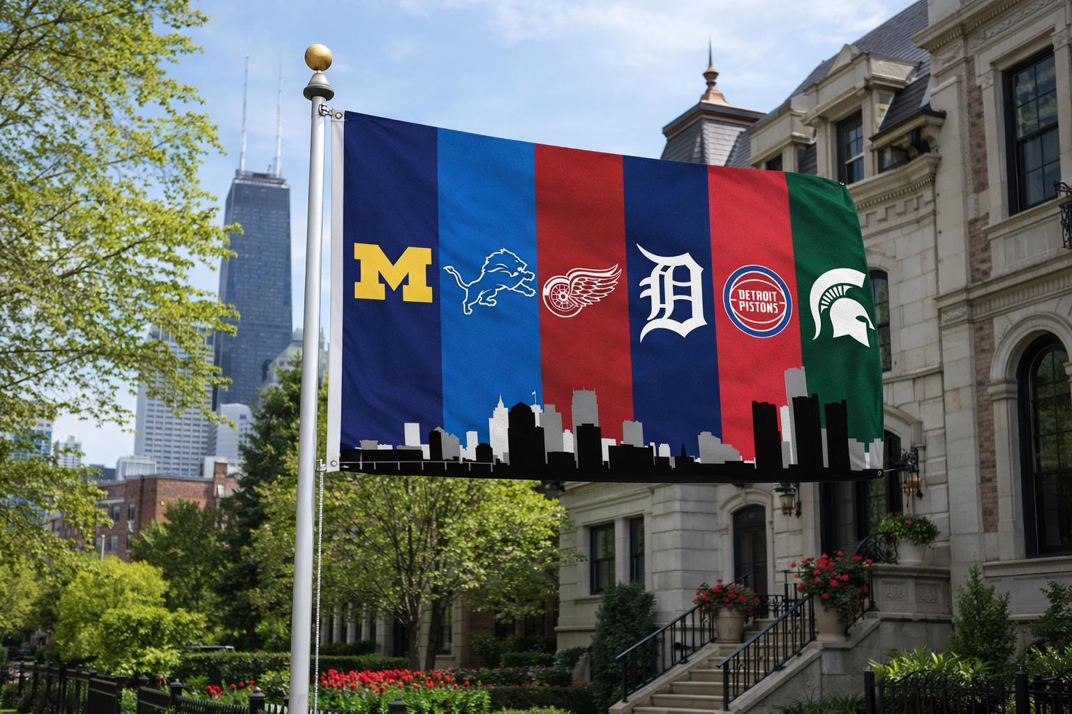 Detroit Michigan MSU Sports Flag with Lions Tigers Pistons Red Wings Wolverines Spartans - Mancave Decor | Michigan Fan Gift