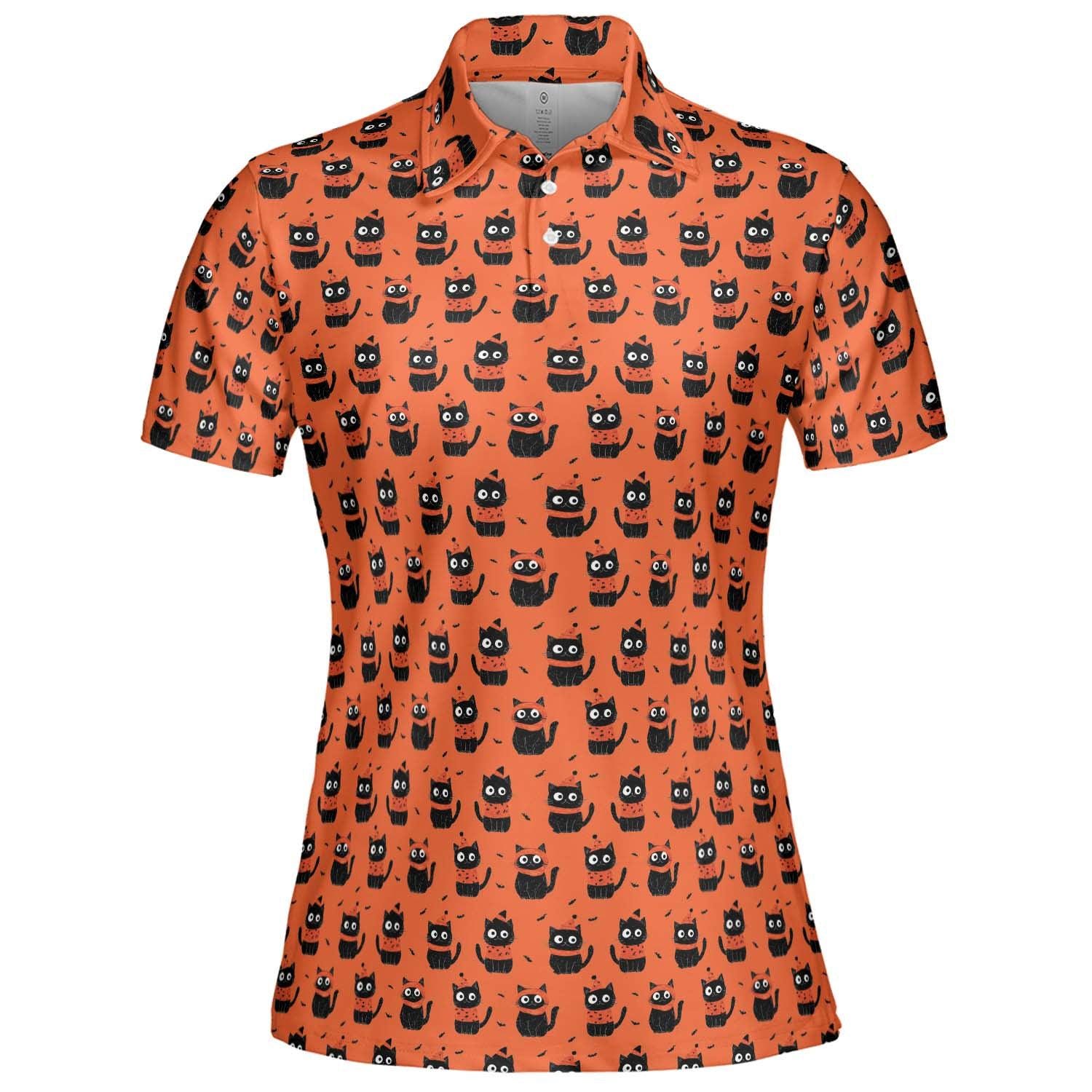 Women's Halloween Cat Polo Shirt - Orange Spooky Cute Moisture-Wicking Short Sleeve Golf Top