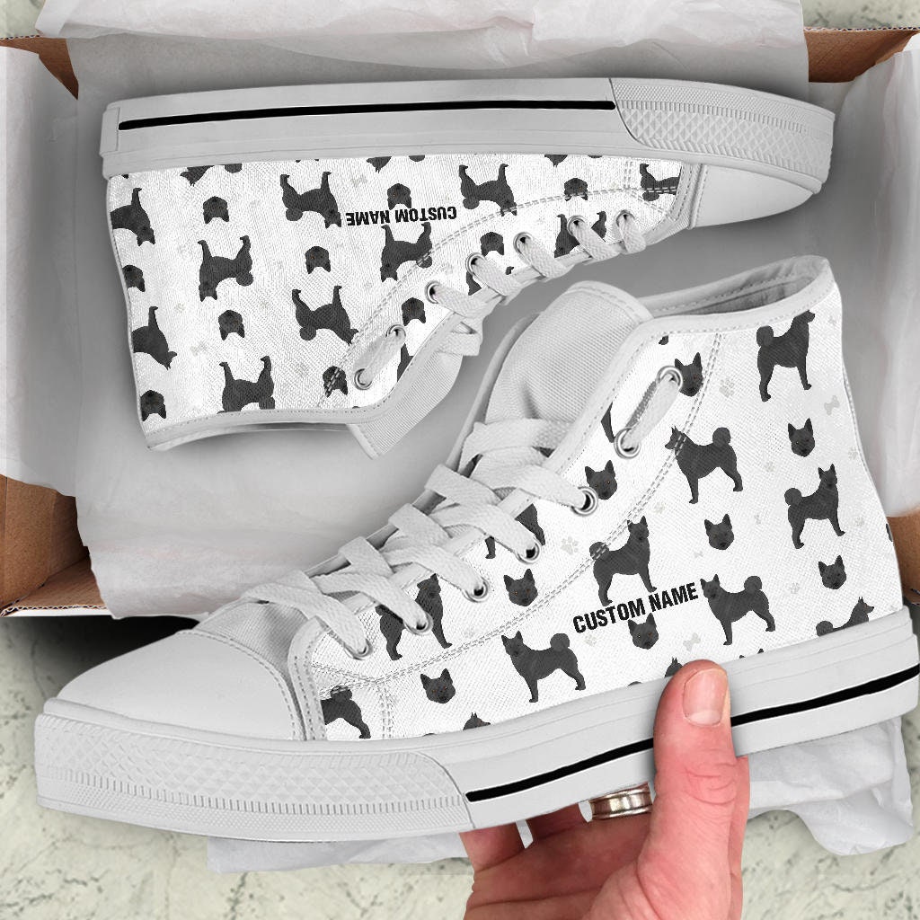 Black Norwegian Elkhound Custom Name High Top Sneakers / Spitz Dog High Top Shoes / Spitz Dog Custom Print Trainers Shoes / Dog Owner Gift